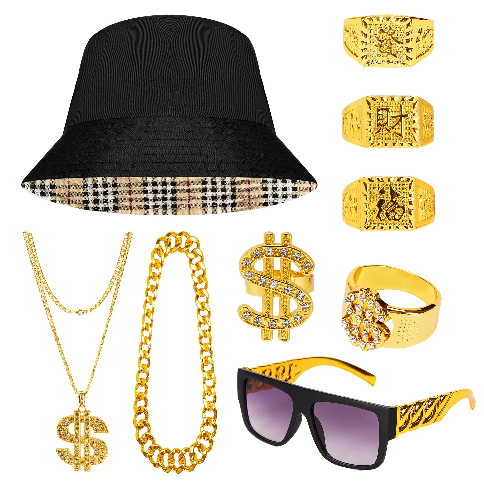 90s Hip Hop Costume Kit, Bucket Hat, Gold Chain, Dollar Sign Necklace, Rings & Sunglasses for Men Women & Kids