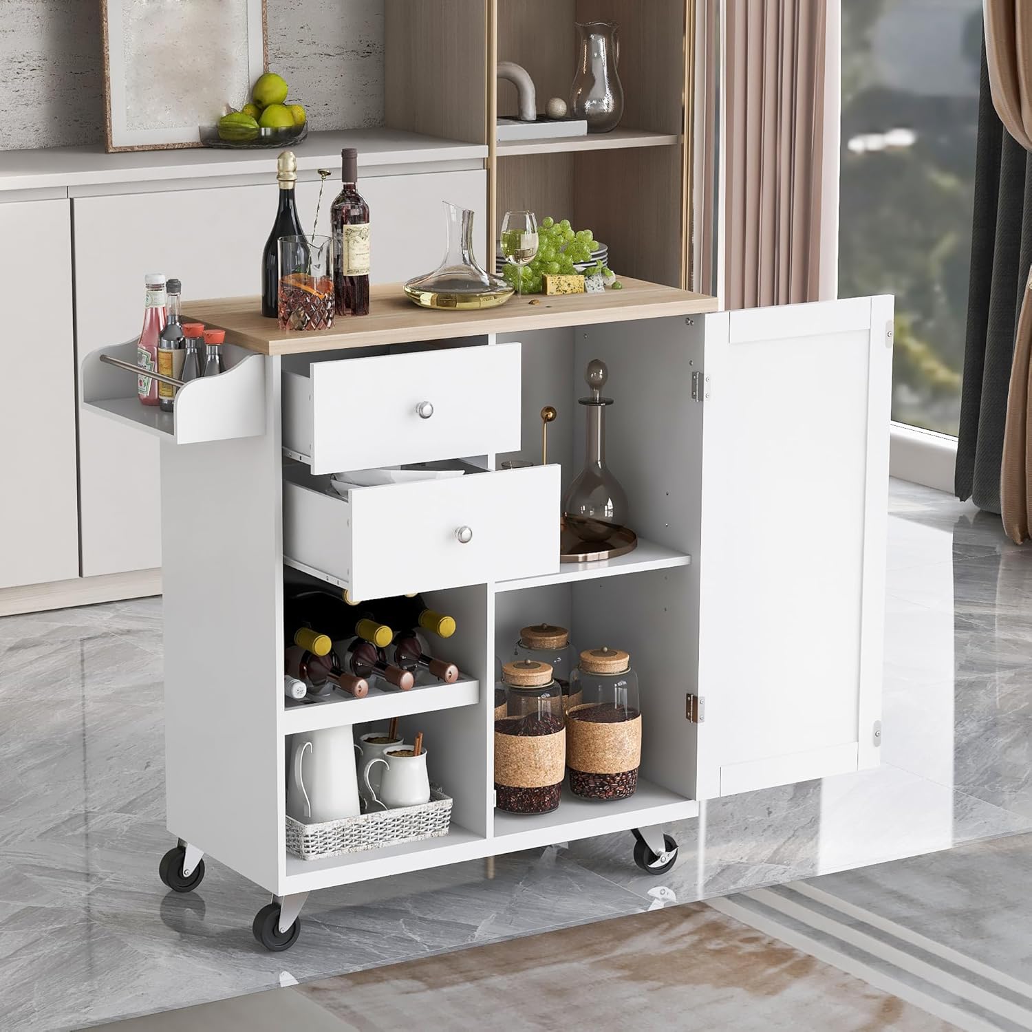 Kitchen Island Cart with Storage Cabinet,41.3'' Rolling Kitchen Cart with Towel Rack & Drawer, Kitchen Island on Wheels with Rubber Wood Top,Freestanding Buffet Server Sideboard White