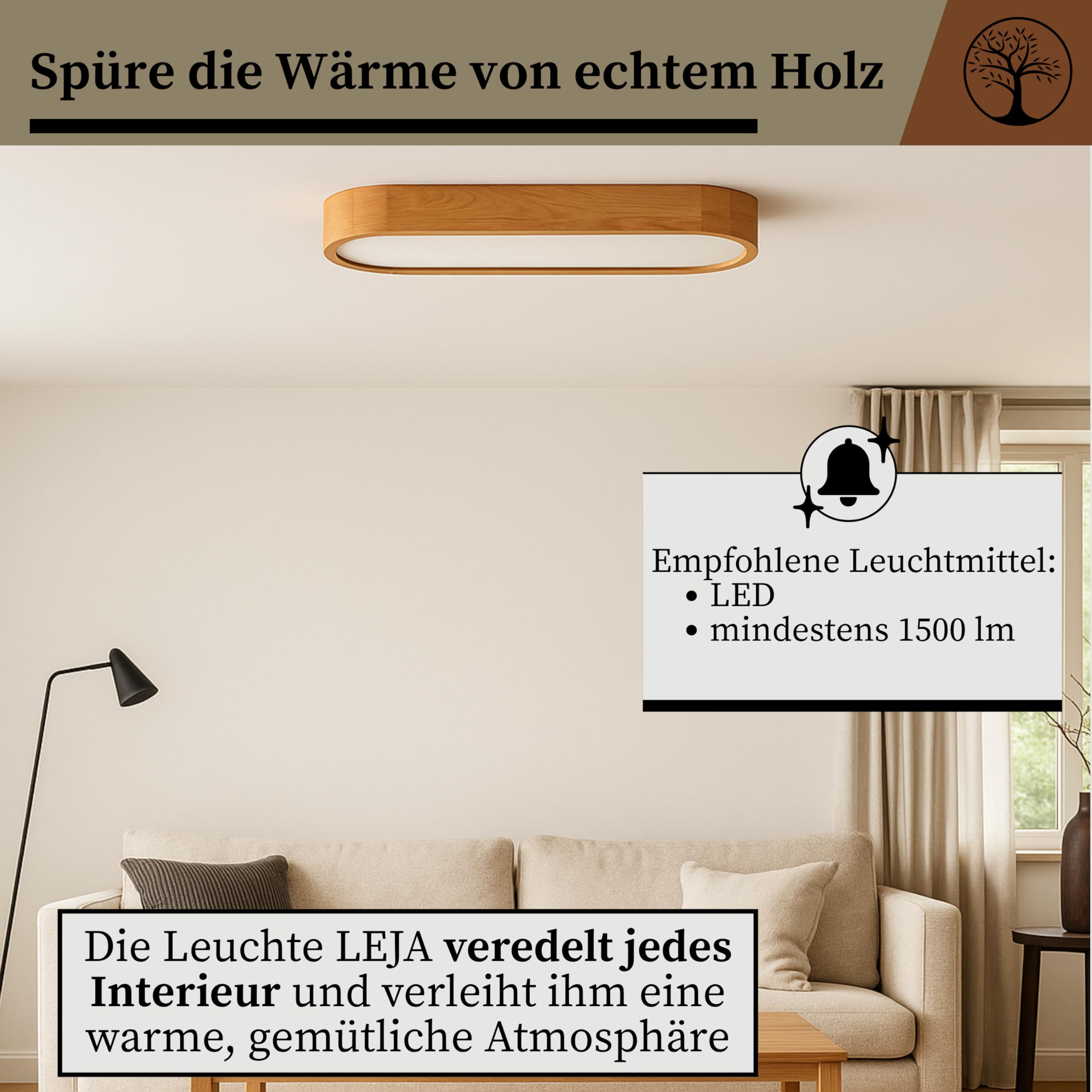 Deckenlampe - Oval Holz Deckenleuchte Eiche 3xE27 (68x20 cm) - Modern Beige Lampe für Schlafzimmer, Wohnzimmer, Flur, Küche - Stilvolle Eichenholz LEJA
