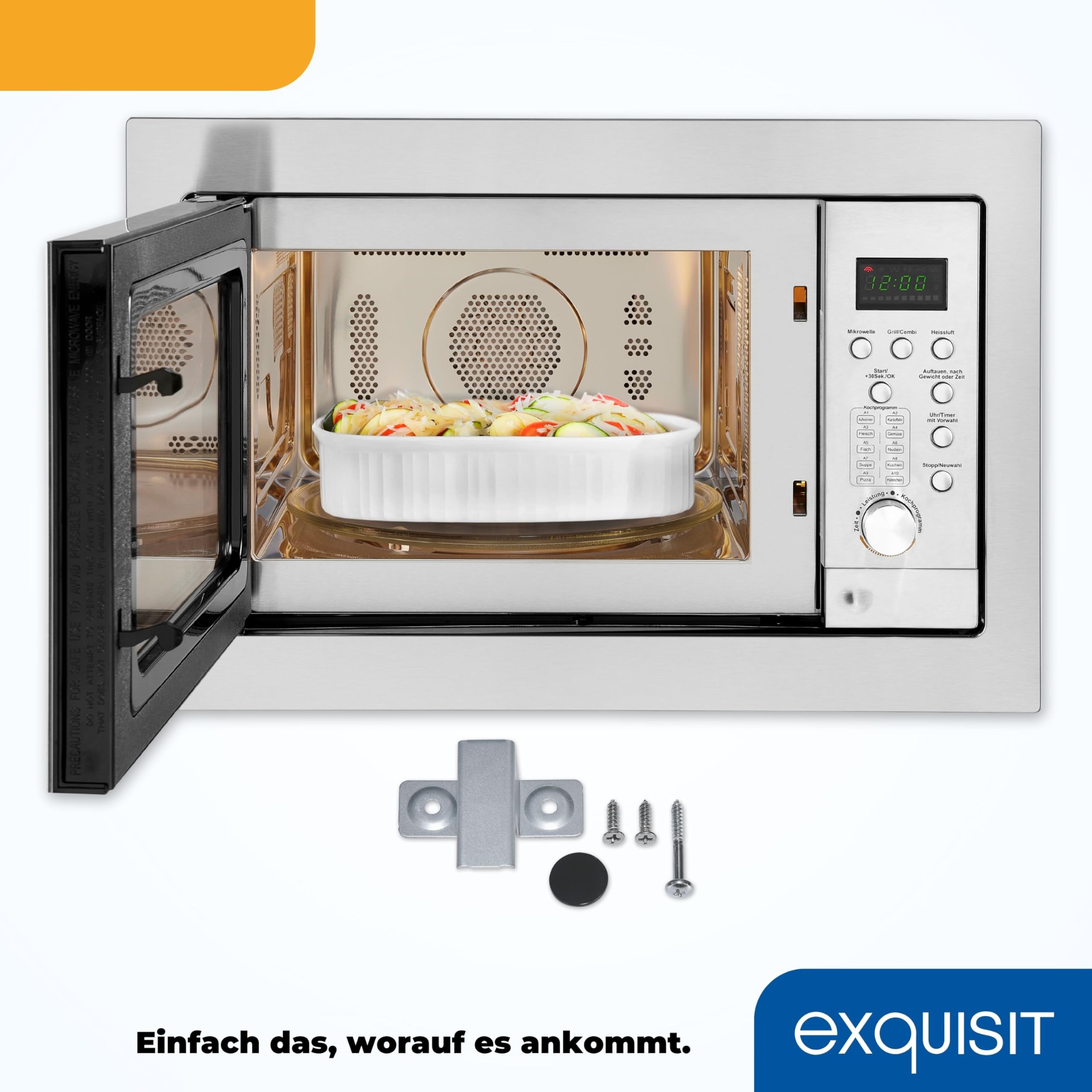 Exquisit EMW 2539.1 HI EMW2539HI Einbau-Mikrowelle, Edelstahl, 25 liters, Inoxlook | 3-in-1 Kombi-Mikrowelle, 900 W / 1100 W / 2500 W – 10 Automatikprogramme, Timer bis 95 Min., Inox-Design