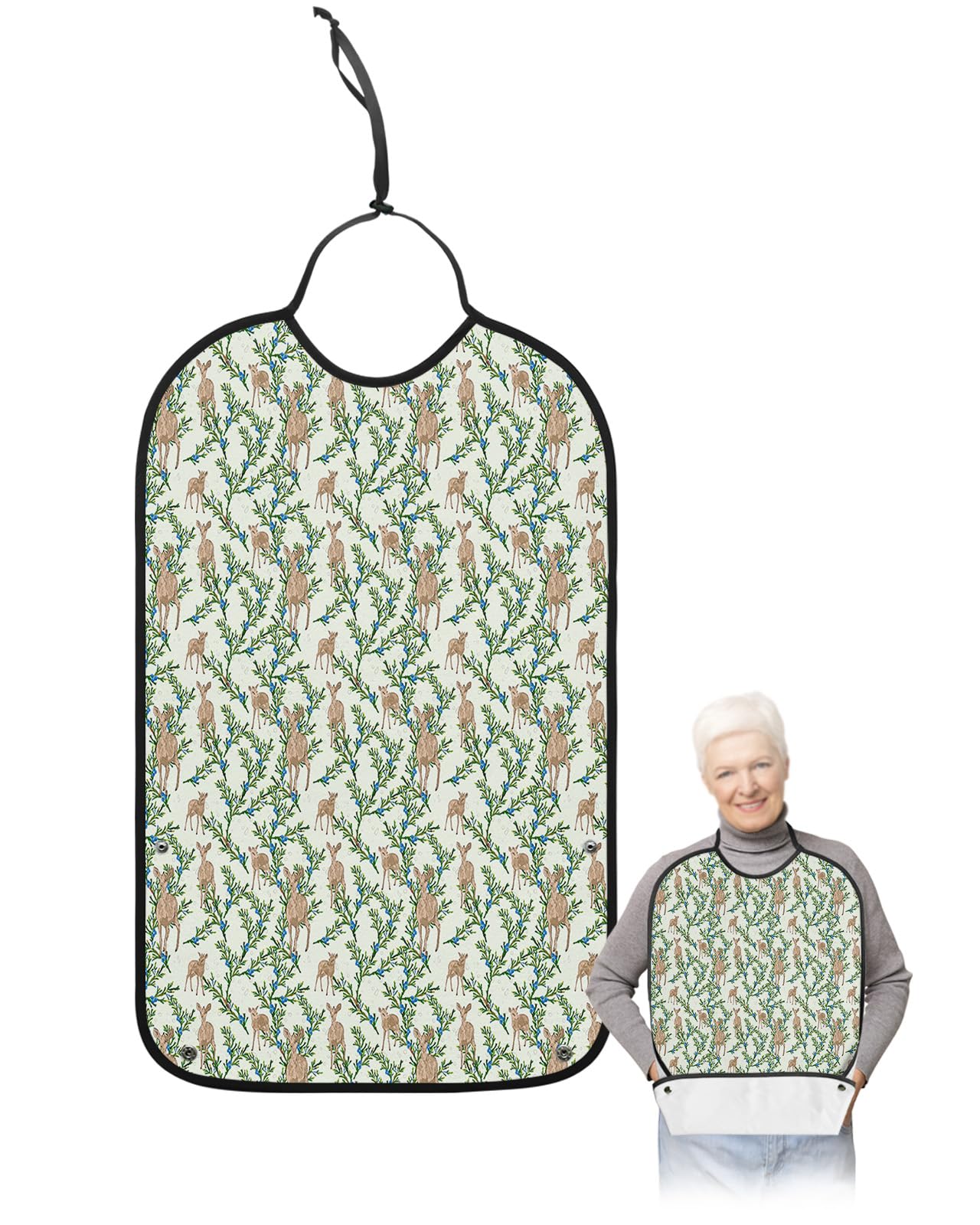 Leaves Deer Adult Bib for Eating with Crumb Catcher,Washable & Waterproof Terry Cloth Adjustable Elderly Women Men Adult Bibs Funny Apron Reusable Clothing Protector Wildflower Plants Forest Animals