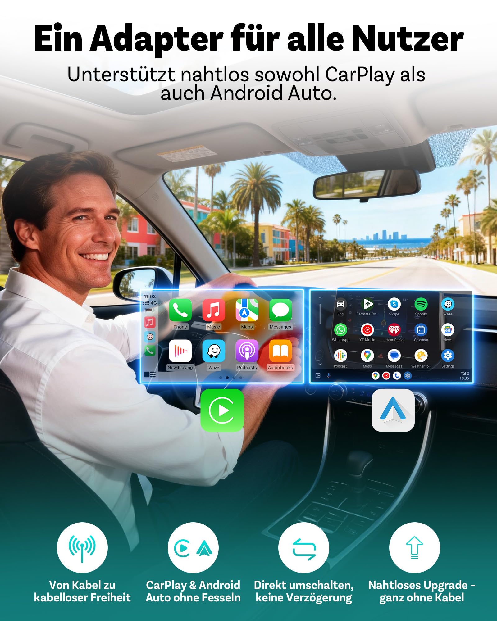 Ottocast Mini Pico, 2026 Neuheit 2-in-1 Wireless CarPlay & Android Auto Adapter mit One-Touch Gerätewechsel, Plug & Play, WiFi 6 & Bluetooth 5.4, Verbindet Sich Automatisch für iPhone & Android