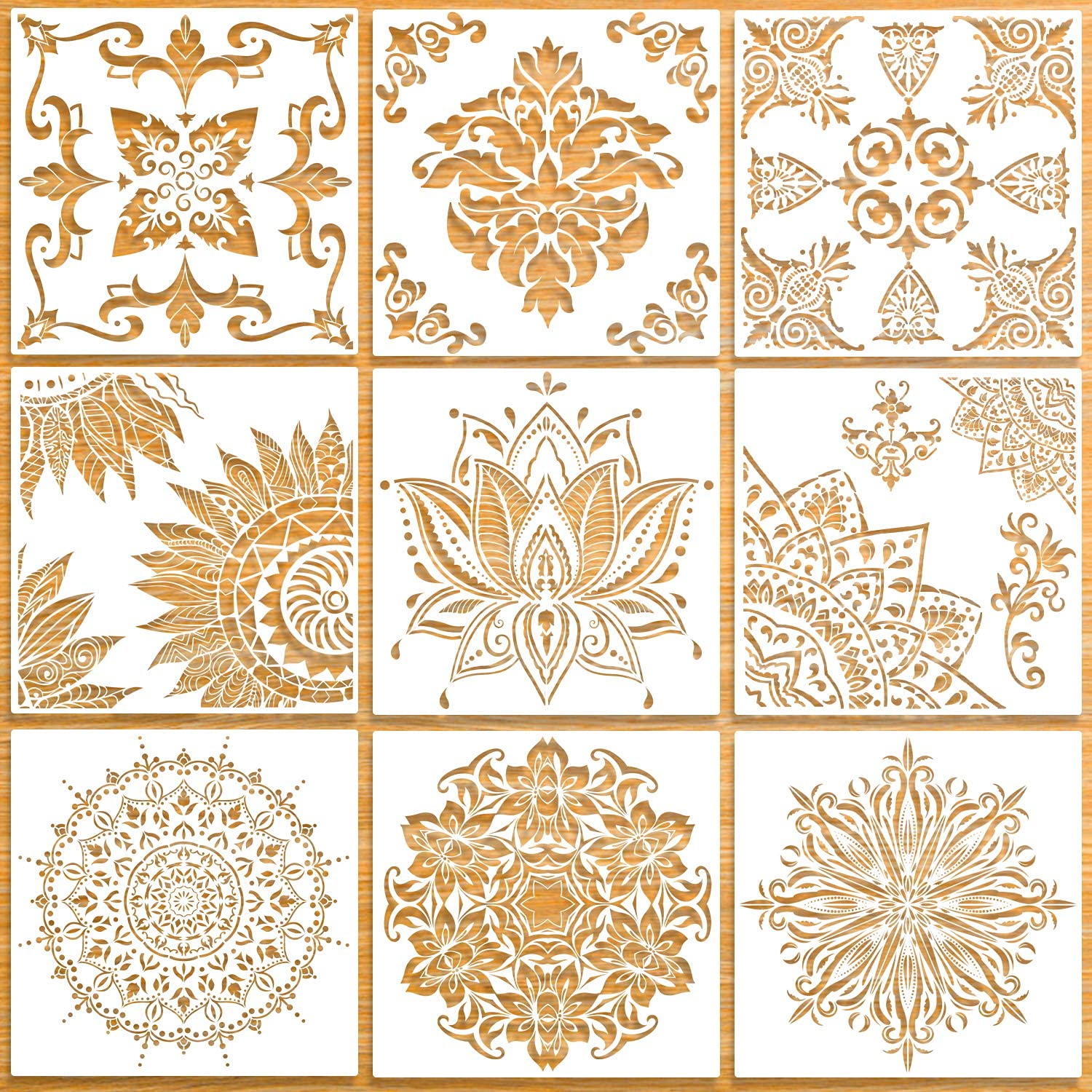 9 Pack Large Reusable Stencil Mandala Stencil Laser Cut Painting Template for Floor Wall Tile Fabric Furniture Stencils Painting (12x12 Inch)