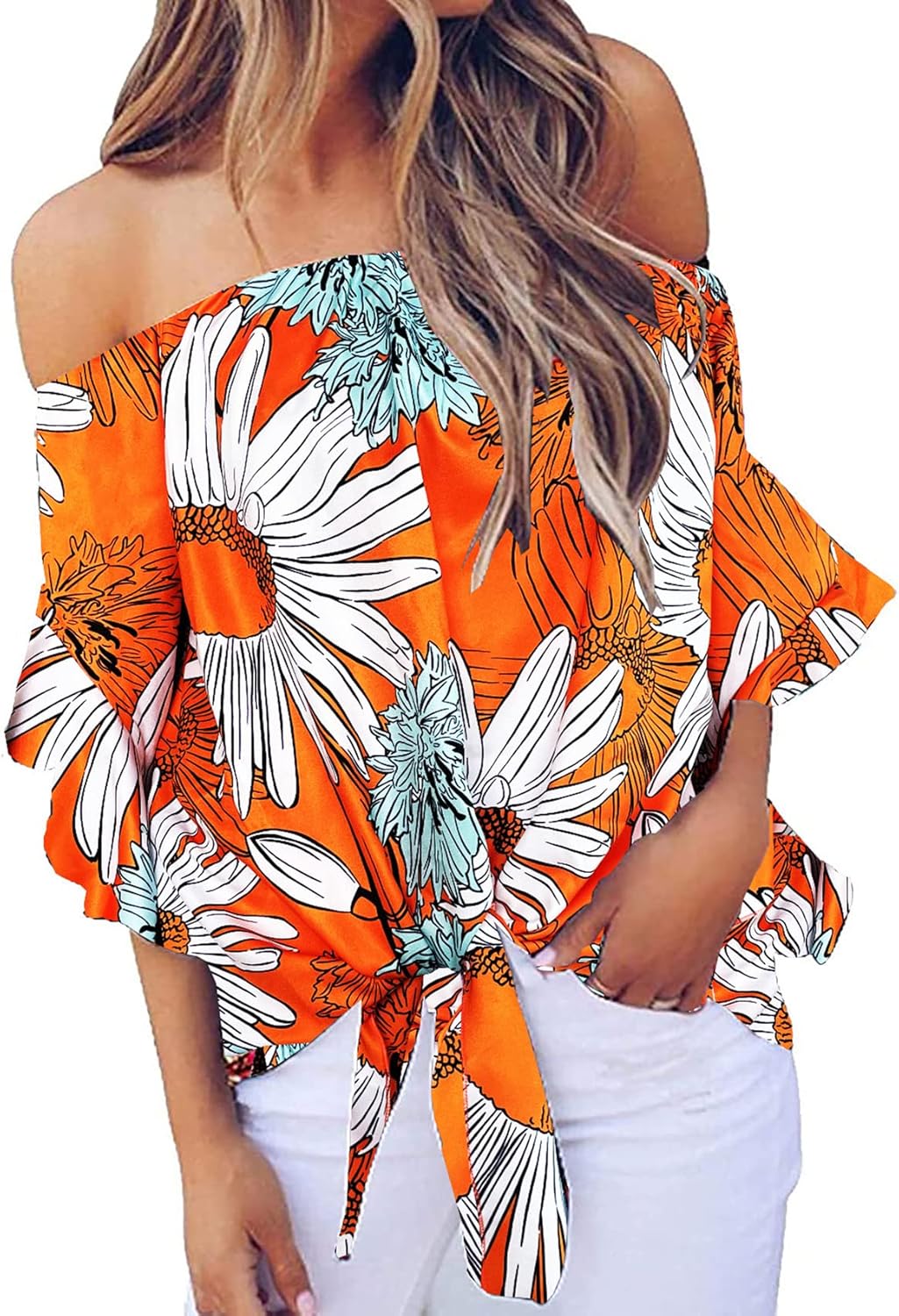 Women's Striped Off The Shoulder Tops 3/4 Bell Sleeve Tie Knot Casual Blouse Shirts