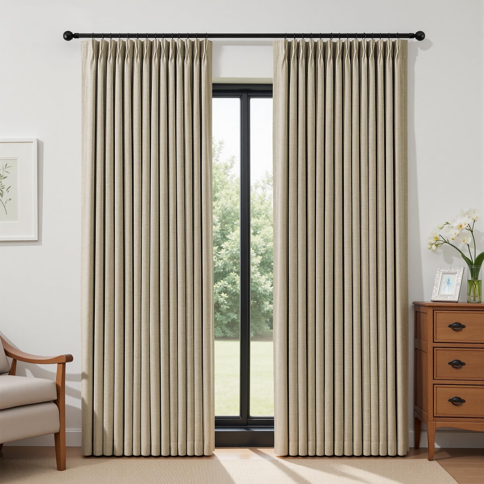 IVAPUPU Sand Pinch Pleated Full Blackout Linen Curtain