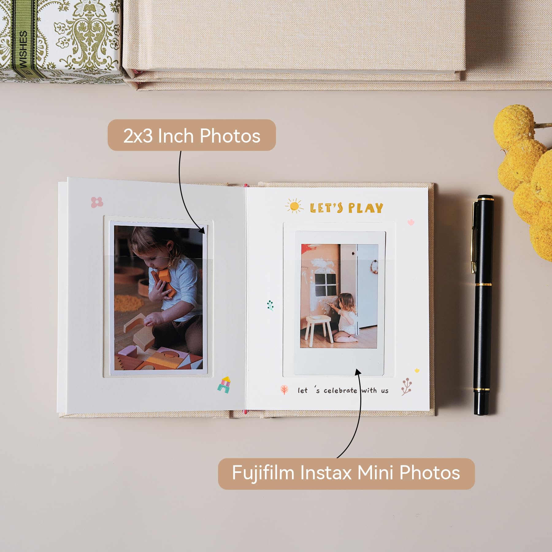 Instax Mini Fotoalbum mit Platz zum Schreiben, Leinen Hardcover Polaroid Fotoalbum 28 Taschen für 2x3 Bilder, Polaroid Album Buch für Fujifilm Instax Mini Sofortbildkamera (Schwarz)