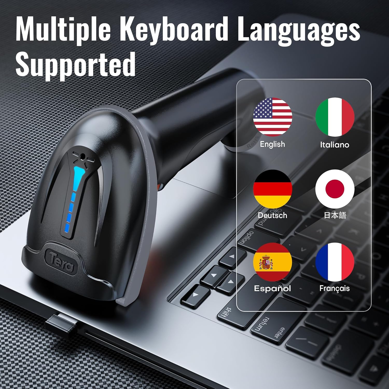 Image showing the Tera 5100 scanner with flags representing supported keyboard languages: English, Italian, German, Japanese, Spanish, and French.
