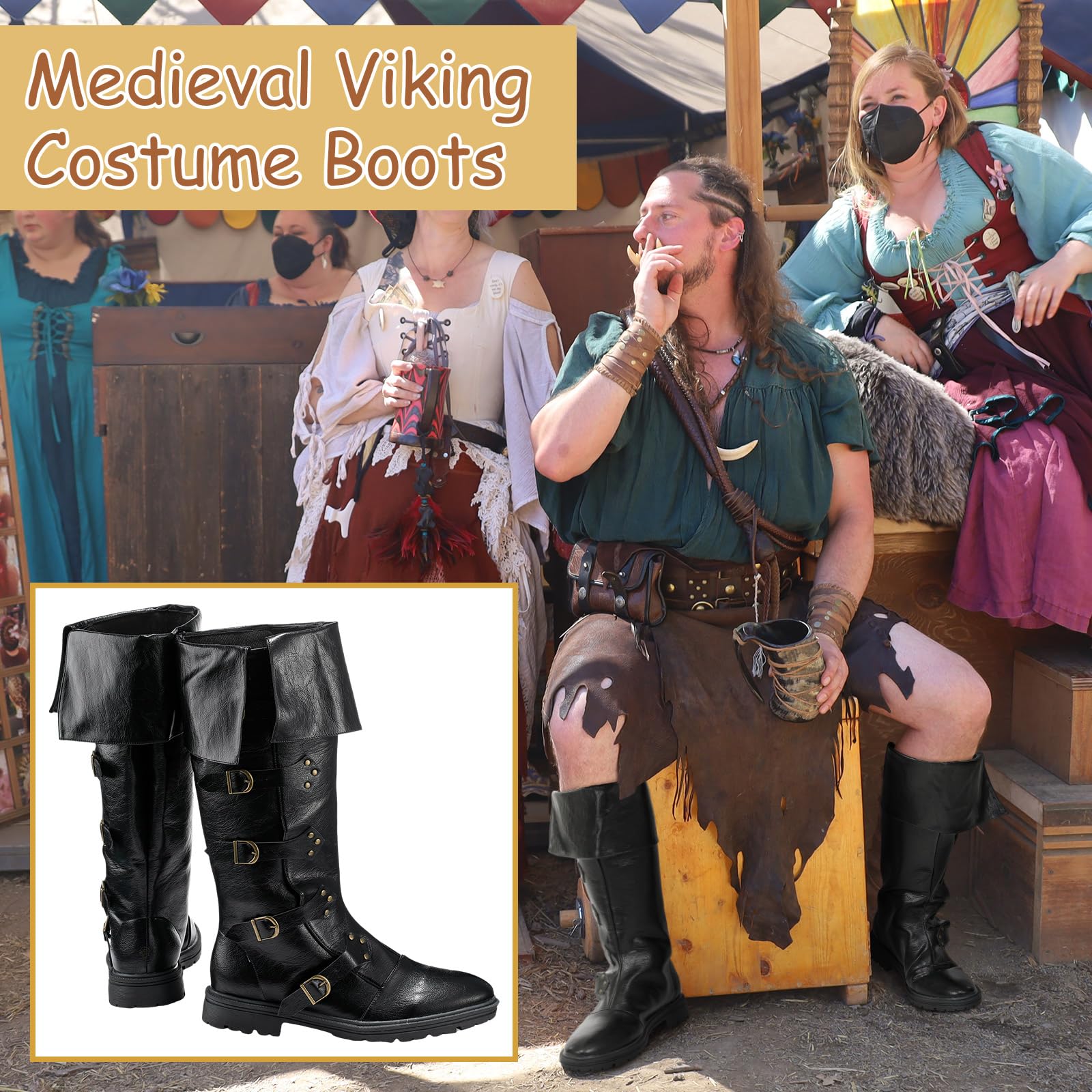 Jiuguva Mittelalter Piraten Stiefel Herren Renaissance Kostüm Stiefel High Tube Steampunk Schuhe Halloween Cosplay Kostüm Zubehör