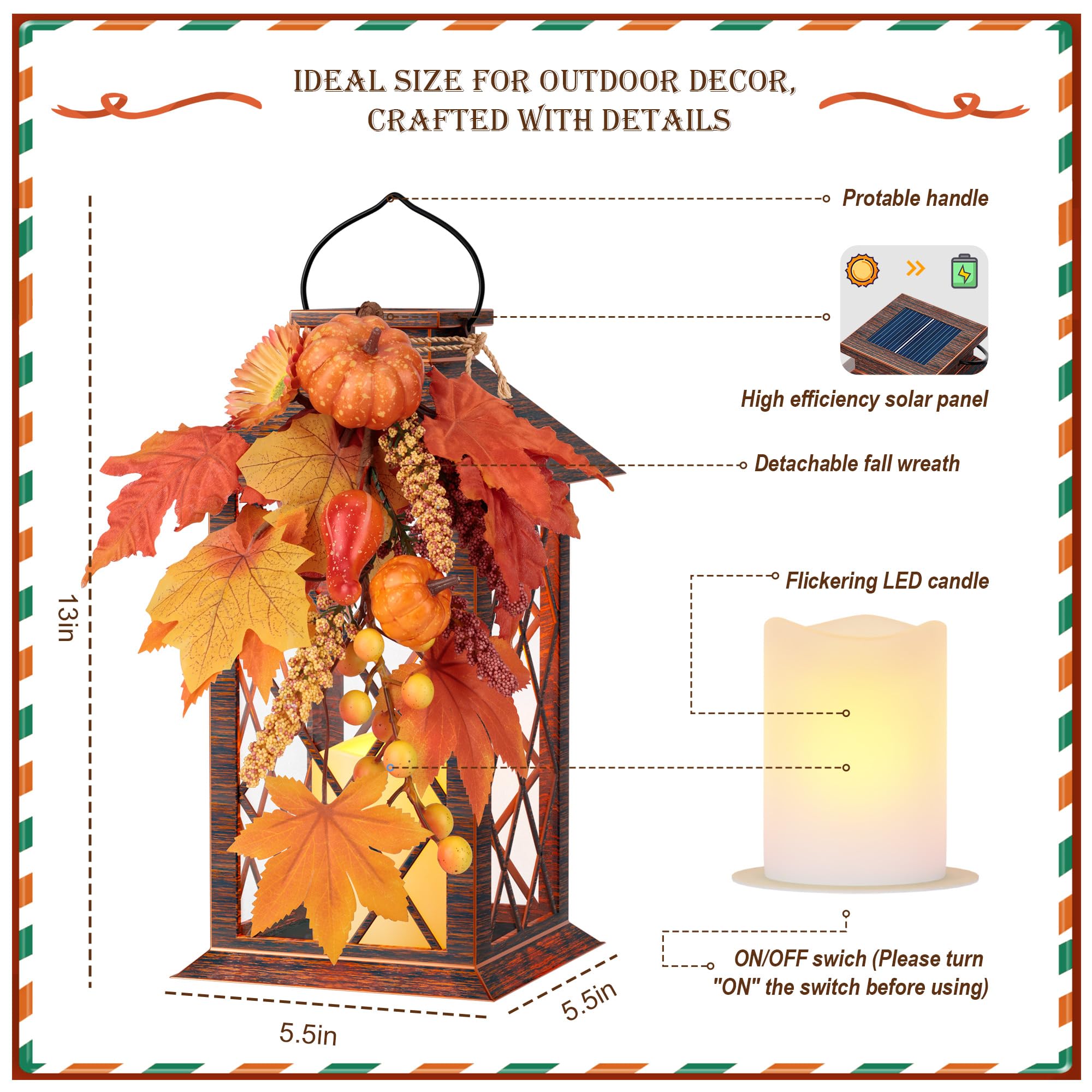 Faroles solares impermeables para exteriores, linterna colgante de corona de otoño, 13 pulgadas, decoración solar para porche, patio, jardín, balcón, camino, 1 paquete