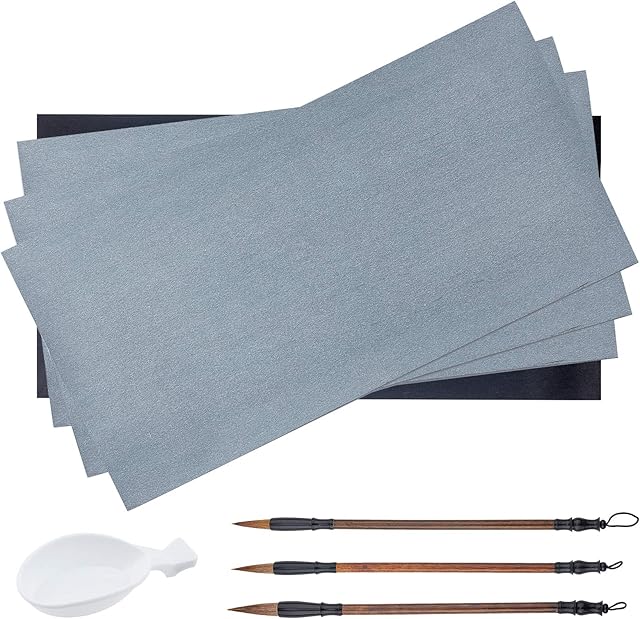 PandaHall 8pcs Chinese Calligraphy Water Writing Magic Paper Set, Sienna Chinese Traditional Calligraphy Brushes Pen Sumi Painting Drawing Brushes with Ink Tray Containers for Writing Practicing