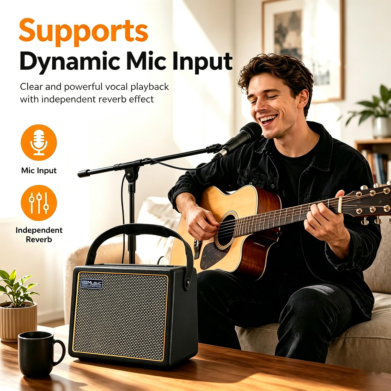 Coolmusic 30W Amplificador de Guitarra acústica portátil con Entrada de micrófono, Bluetooth Integrado, Rendimiento de batería Recargable de hasta 8 Horas