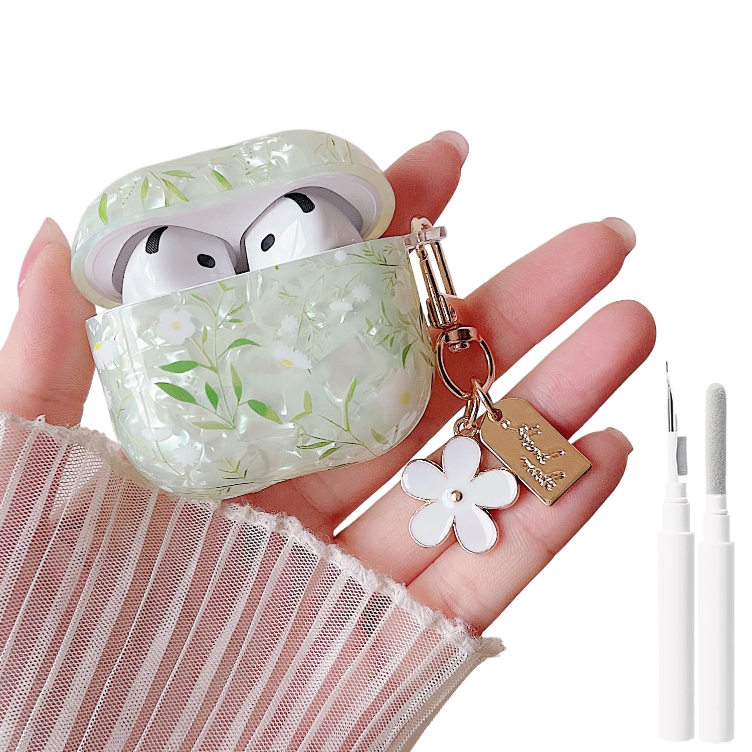 MINSCOSE for Cute Glitter AirPods 4 Clear Case,Shell Pattern Pretty Flower Aesthetics Design with Girly Floral Keychain,Soft TPU Protective Cover with Cleaner Kit for Girls Women for AirPods 4-Green