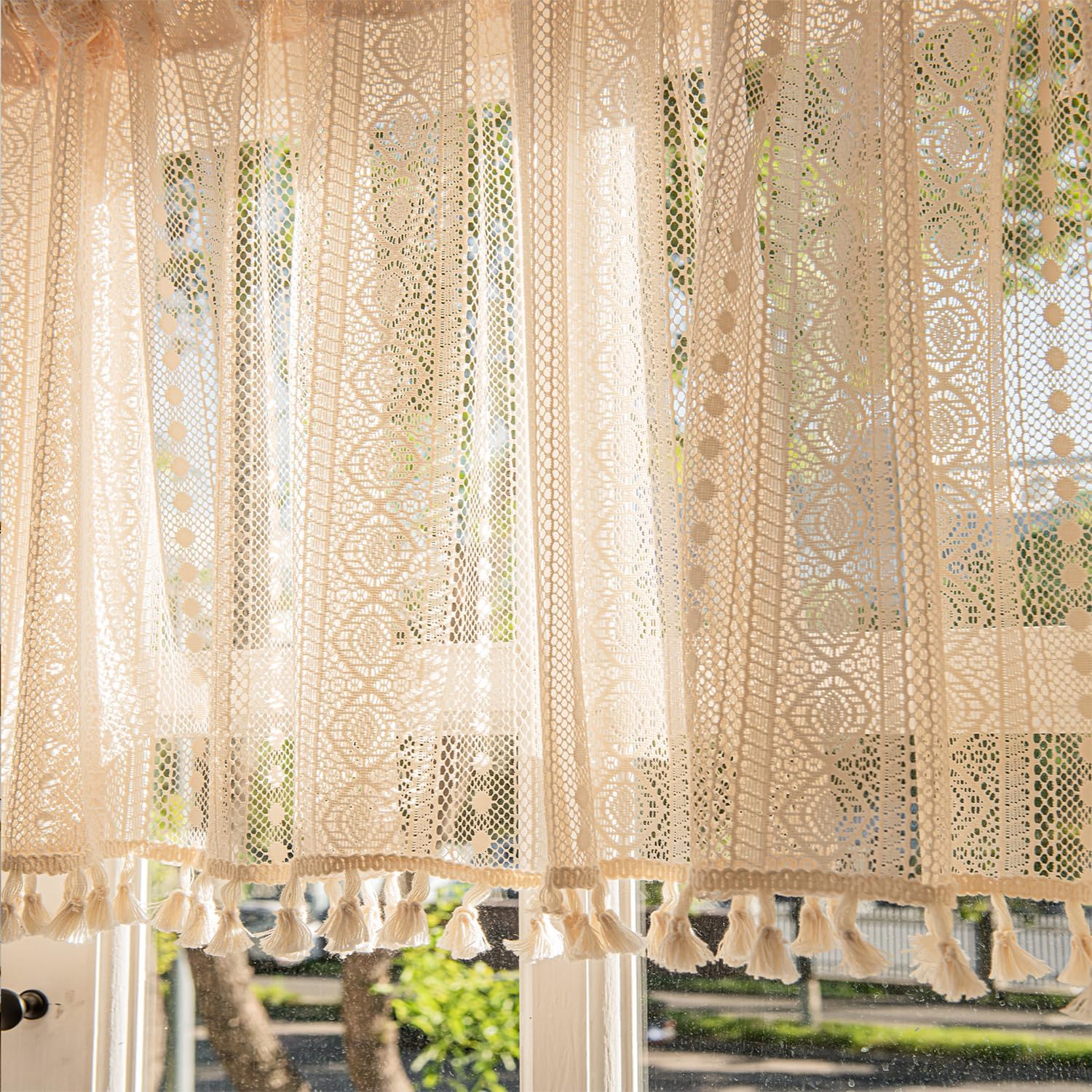 Crochet Macrame Boho Kitchen Curtains Sets for Windows Over Sink Lace Tassel Rod Pocket Short Curtain for Small Window Farmhouse Half Window Treatment Tier Drapes for Bathroom Bedroom Decor 29x36 Inch