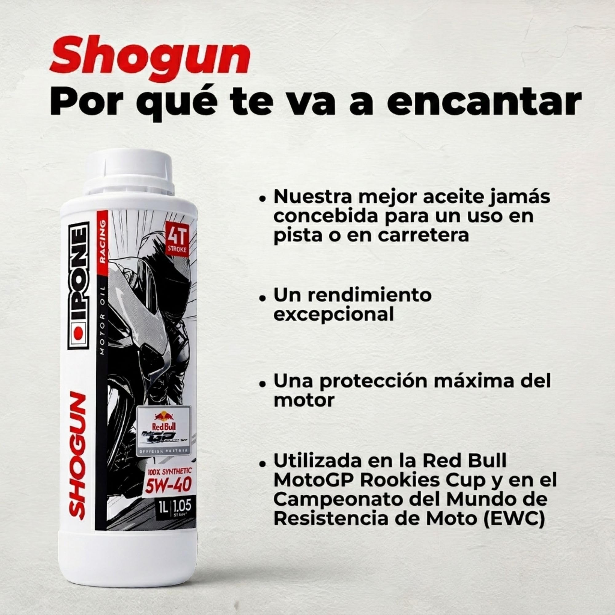 IPONE – Aceite de Motor para Moto 4 Tiempos 5W40 Shogun – Envase de 4 litros – 100% sintético – Gama Racing –Prestaciones excepcionales –Máxima protección del Motor –Probado y Aprobado en competición