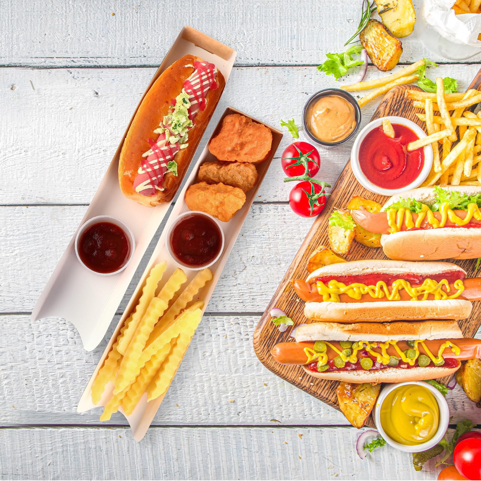 Layhit Lot de 100 plateaux jetables en papier kraft marron pour hot-dog - 30 x 5 x 3 cm - Pour nachos, tacos, frites, barbecues, festivals, fêtes (marron)