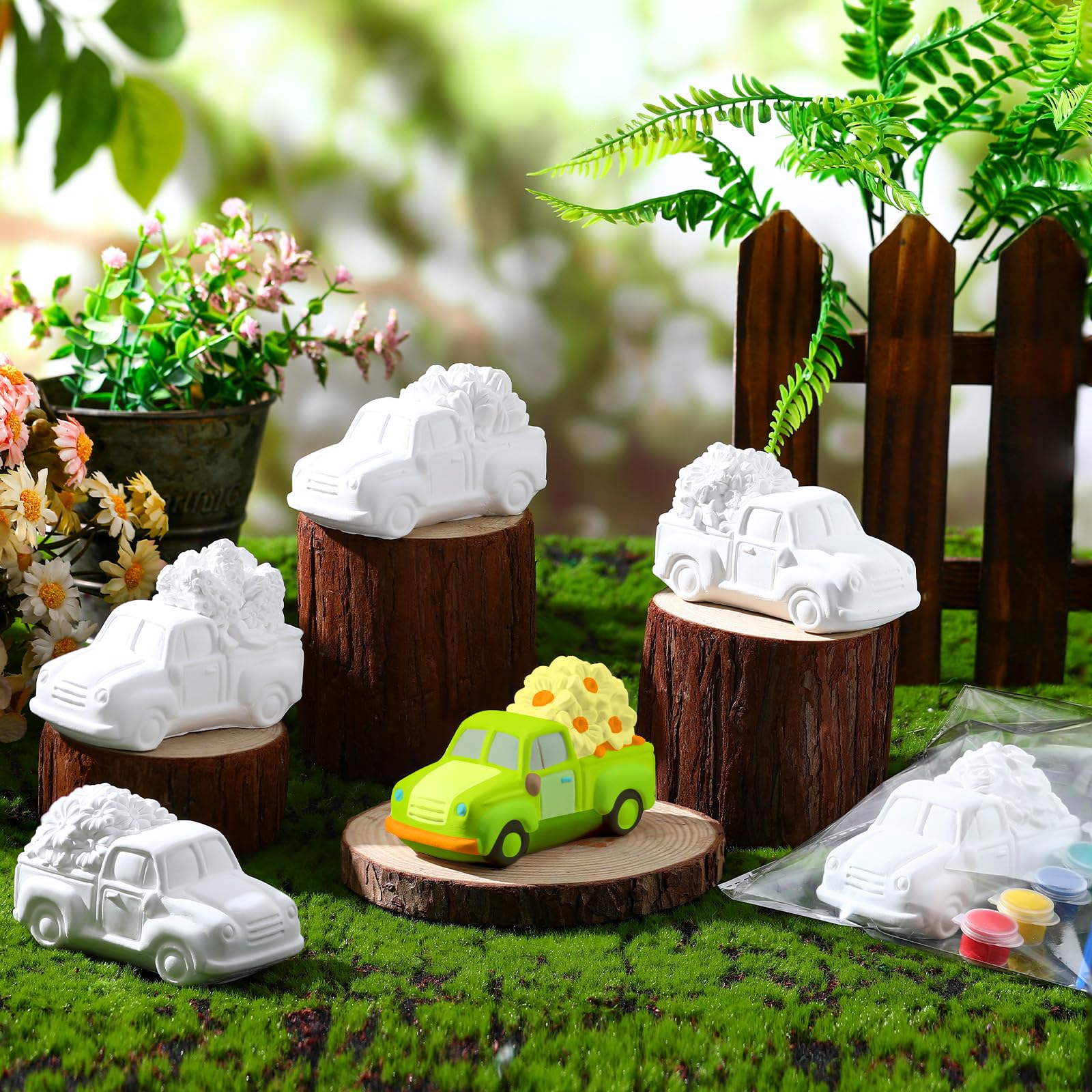 JellyArch 6 Set Frühling DIY Malerei Kit Keramik 3D Keramik LKW mit Blumen zum Bemalen Ihres eigenen LKWs mit Gänseblümchen, Sonnenblümchen, Tulpen, Statuen, unlackiertes Gips, Handwerk mit Pinsel,