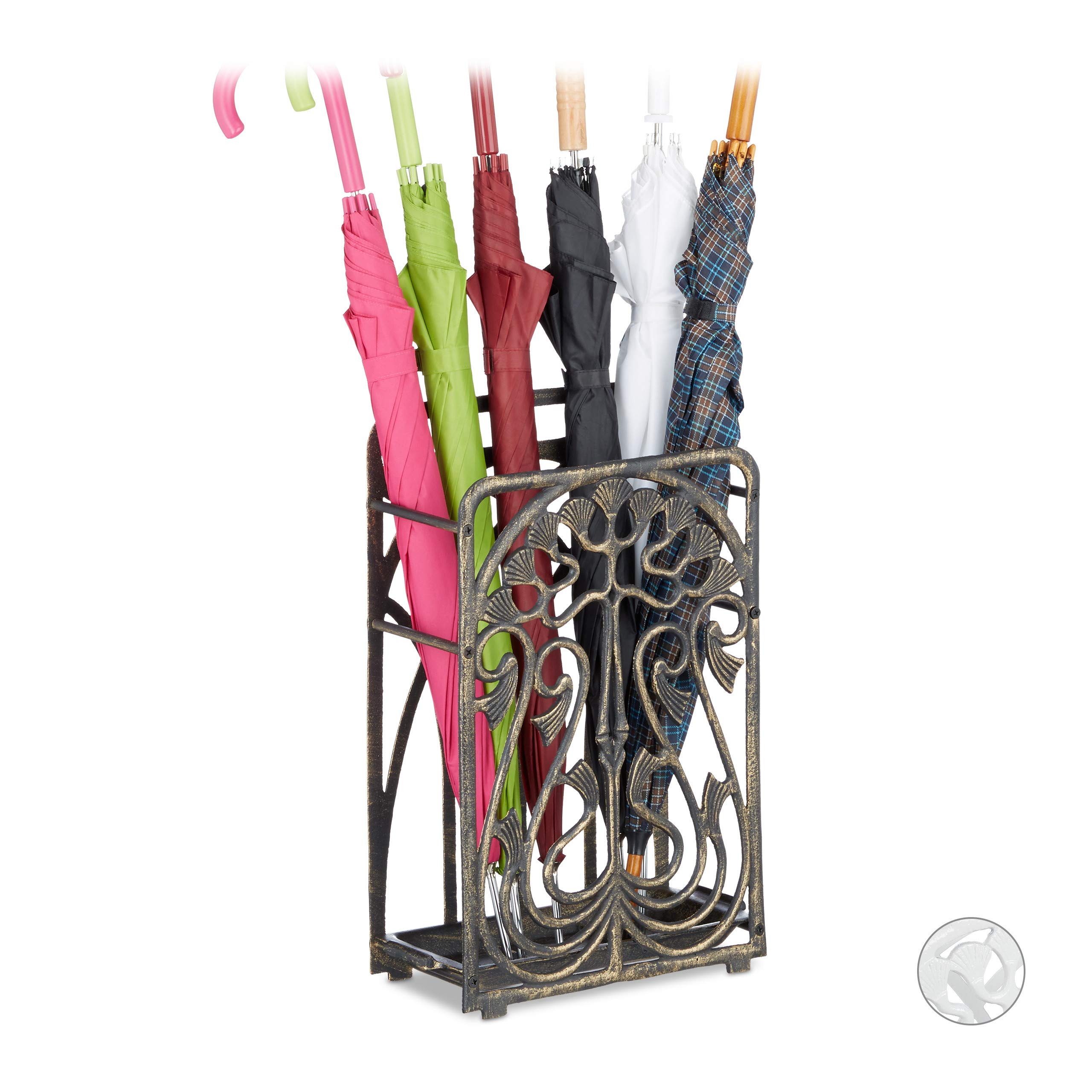 Relaxdays Cast Iron Umbrella Stand, Rectangular, with Drip Tray, Massive, Vintage, HxWxD: ca 48.5 x 30.5 x 16 cm, Bronze