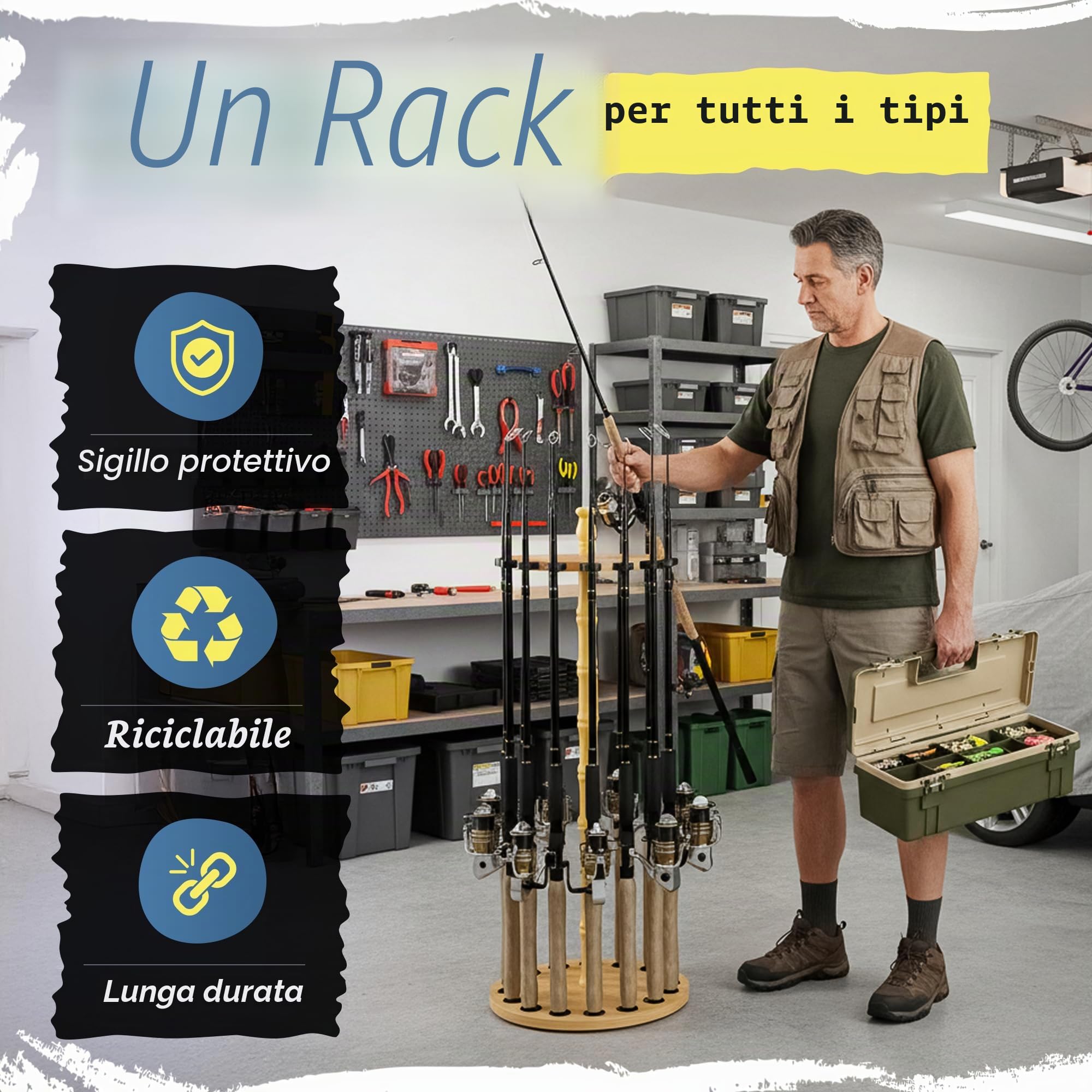 Rush Creek Creations Rotondo 16 Canna da Pesca Rack in Legno Tan, 34.9 cm L x 34.9 cm W x 76.2 cm H, per attività di Pesca, Garage