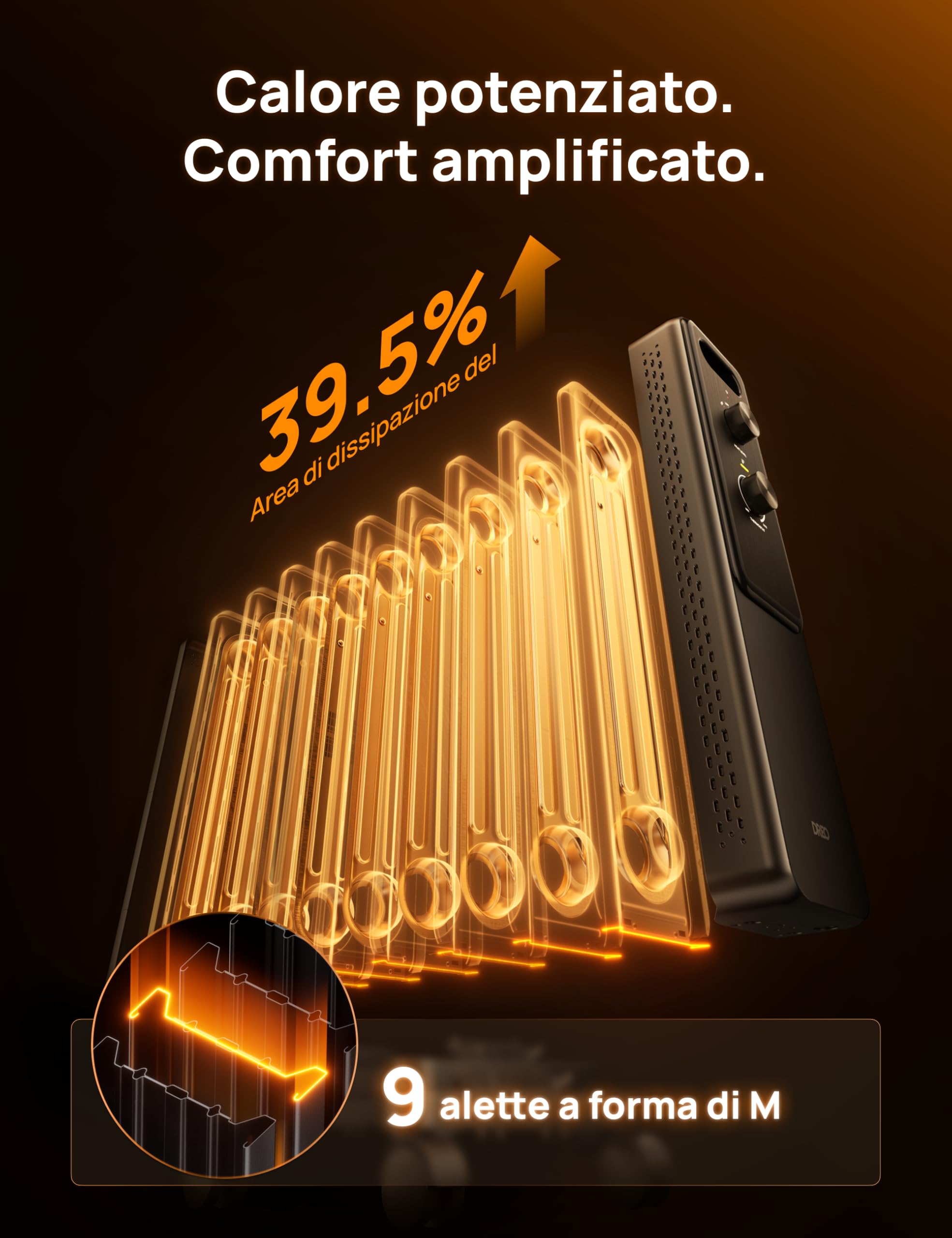 Dreo Radiatore a olio 2000W con 9 elementi, stufa elettrica silenziosa per camera da letto, termostato regolabile, protezione surriscaldamento e ribaltamento, blocco bambini e risparmio energetico