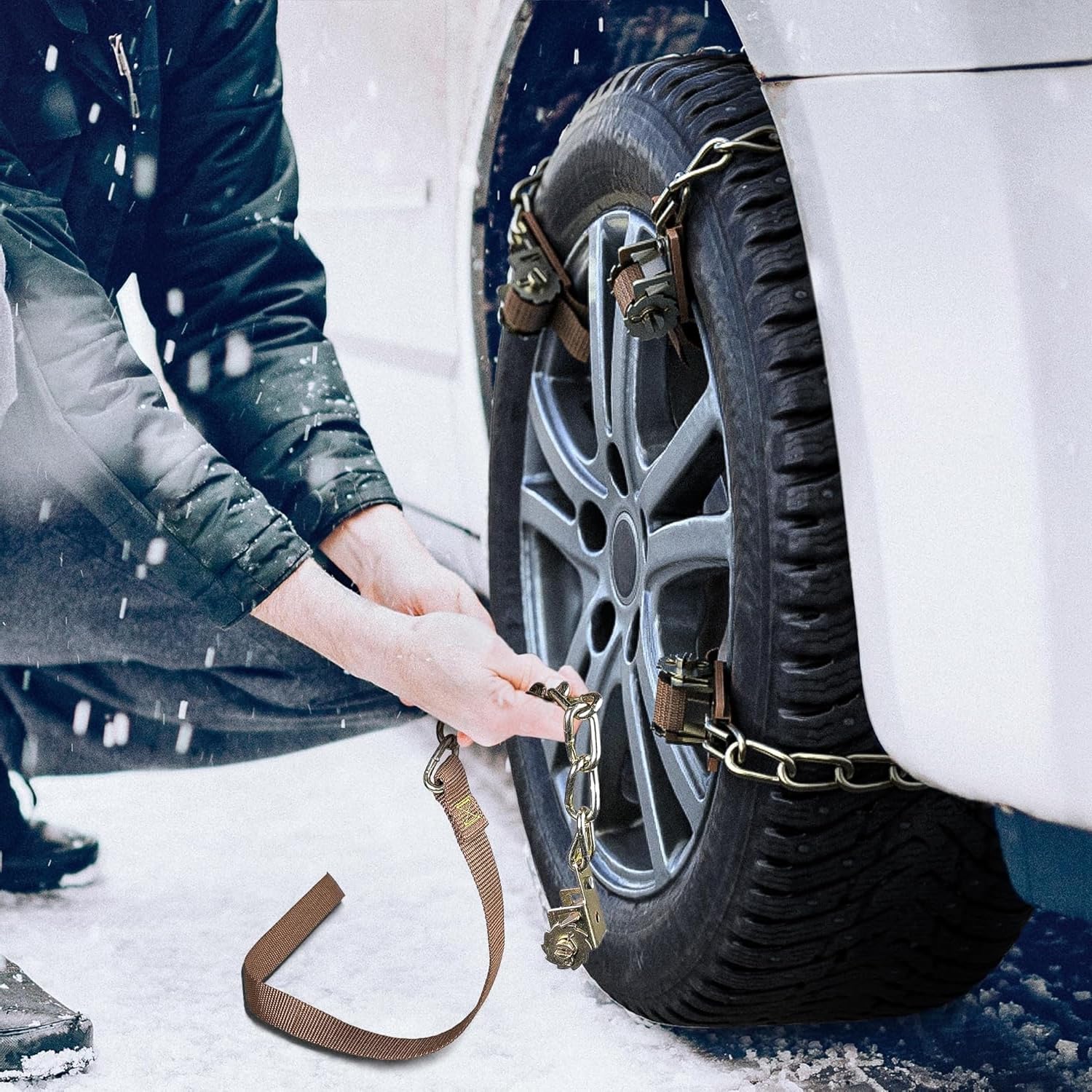 Lot de 8 chaînes à neige d'urgence pour pneus de voiture - 165-285 mm - Pour voiture, camion, SUV, routes enneigées - Avec pelle à neige en plastique et gants