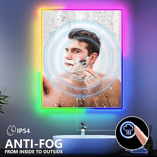 Miniatura 8 de LVSOMT Espejo de baño LED RGB para pared, 24 x 28 pulgadas, espejo de tocador de pared con luces que cambian de color, espejo iluminado para colgar,