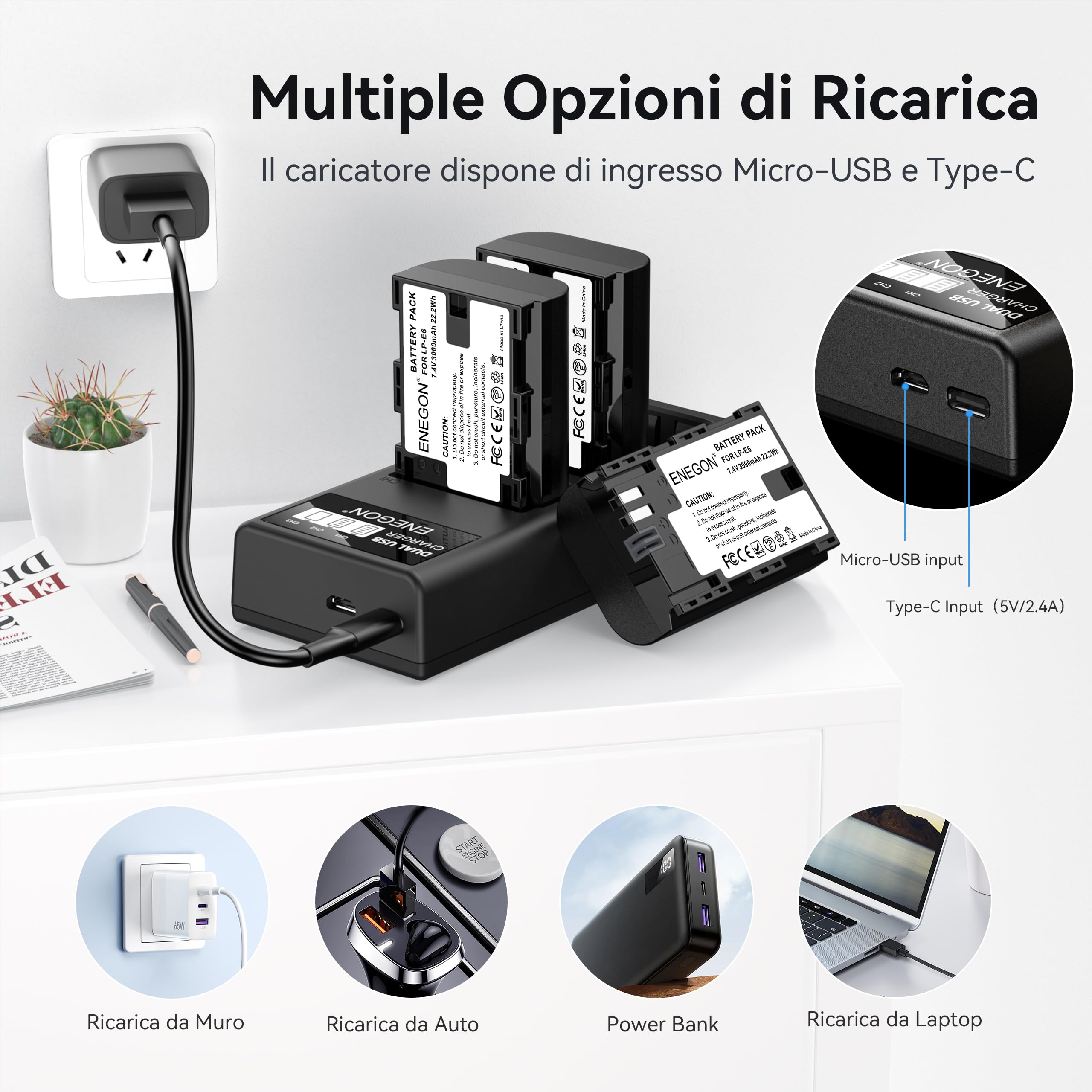 ENEGON Batterie LP-E6 (3×3000mAh) con caricabatterie a 3 slot e display LCD, compatibili con Canon EOS 5D, EOS 5D Mark II,EOS 6D, 7D, 60D, 70D, 80D, 90D, XC10, XC15