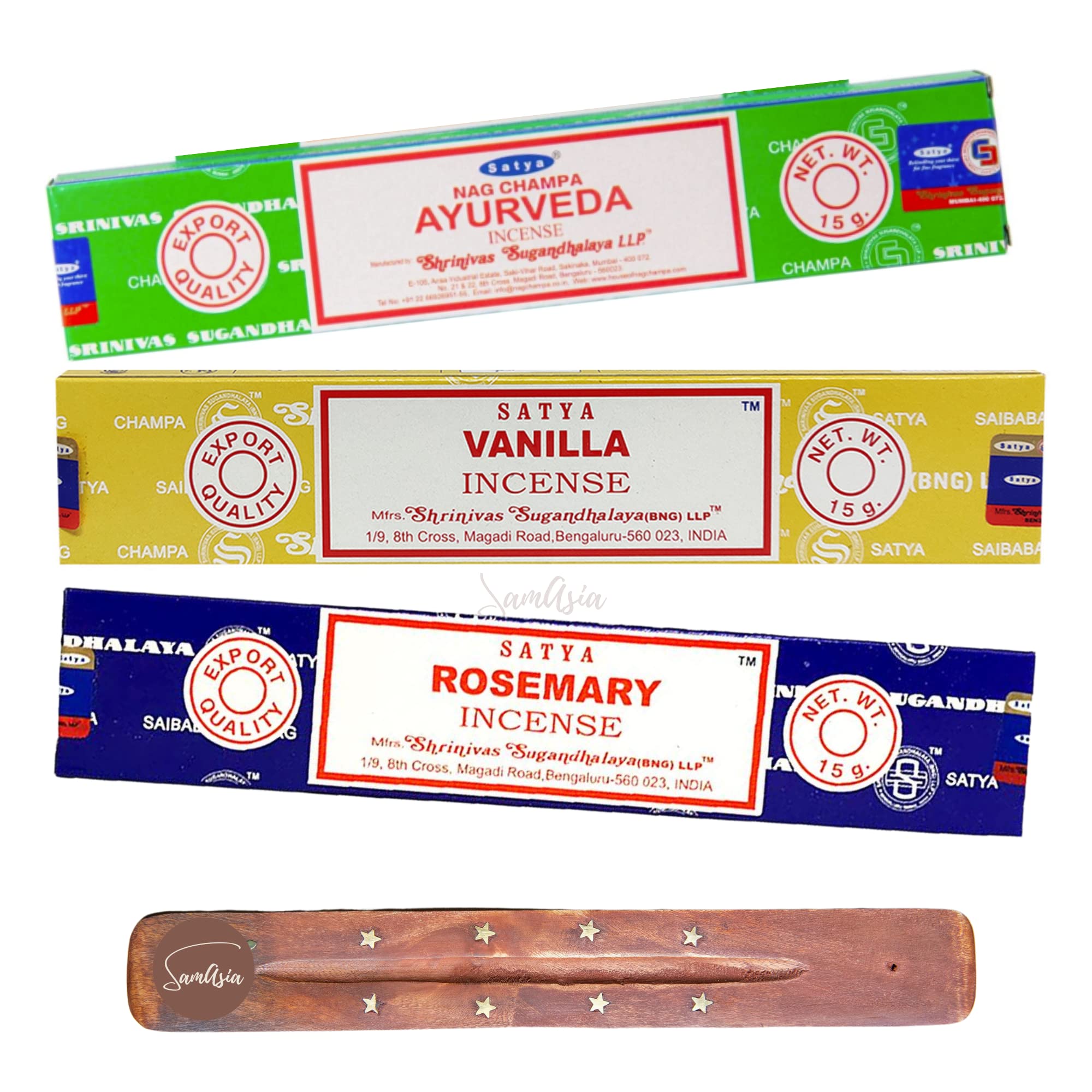 Satya Nag Champa Ayurveda, Vanilla and Rosemary Incense Sticks | x3 pack | with SAMASIA incense sticks holder | Burn for Calming