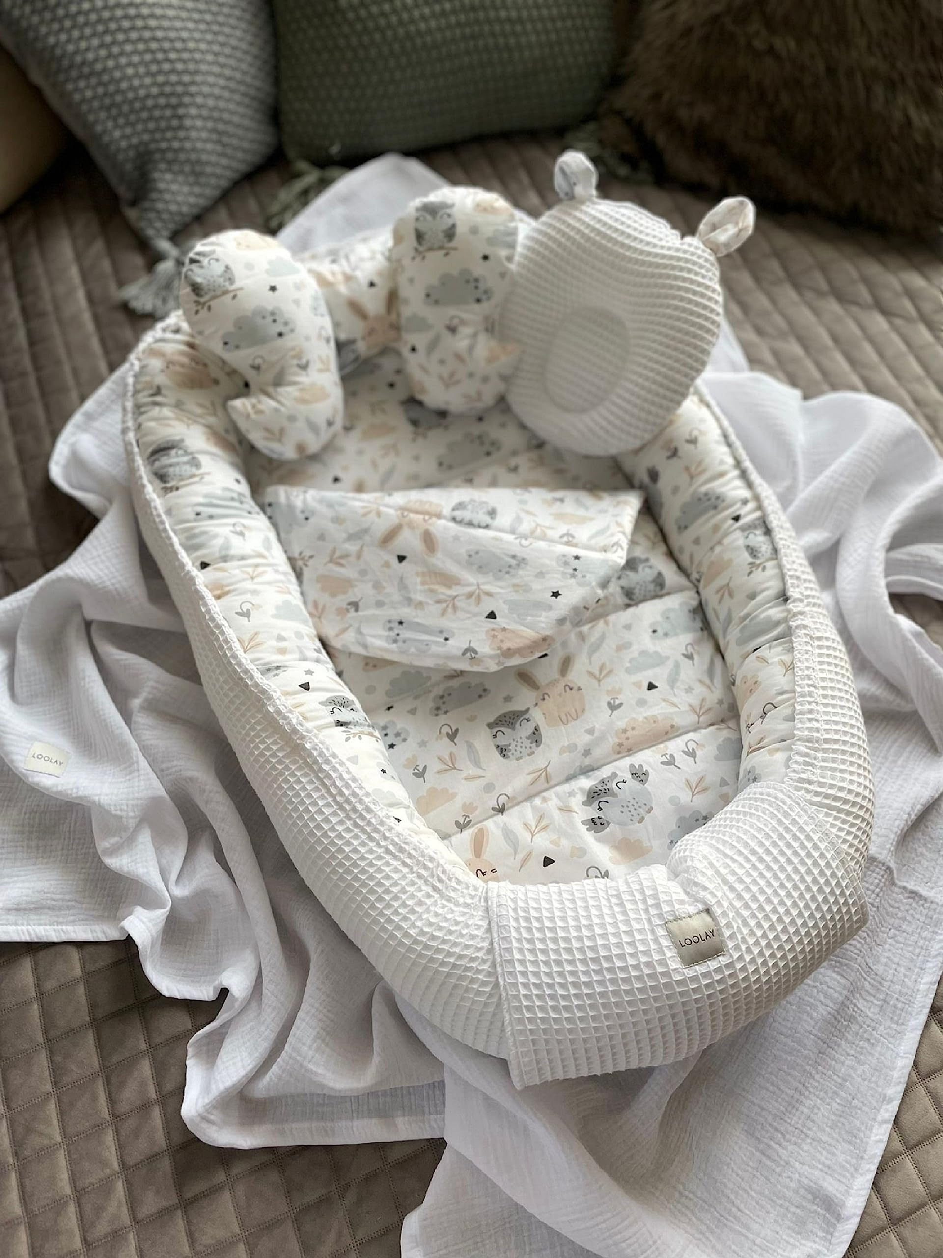 Paracolpi a nido d'ape/coniglio bianco beige per neonati, tappetino da viaggio per lettino da viaggio Solo/o, set regalo premium (paracolpi + coperta (80 x 100 cm) + materasso + 2 cuscini)