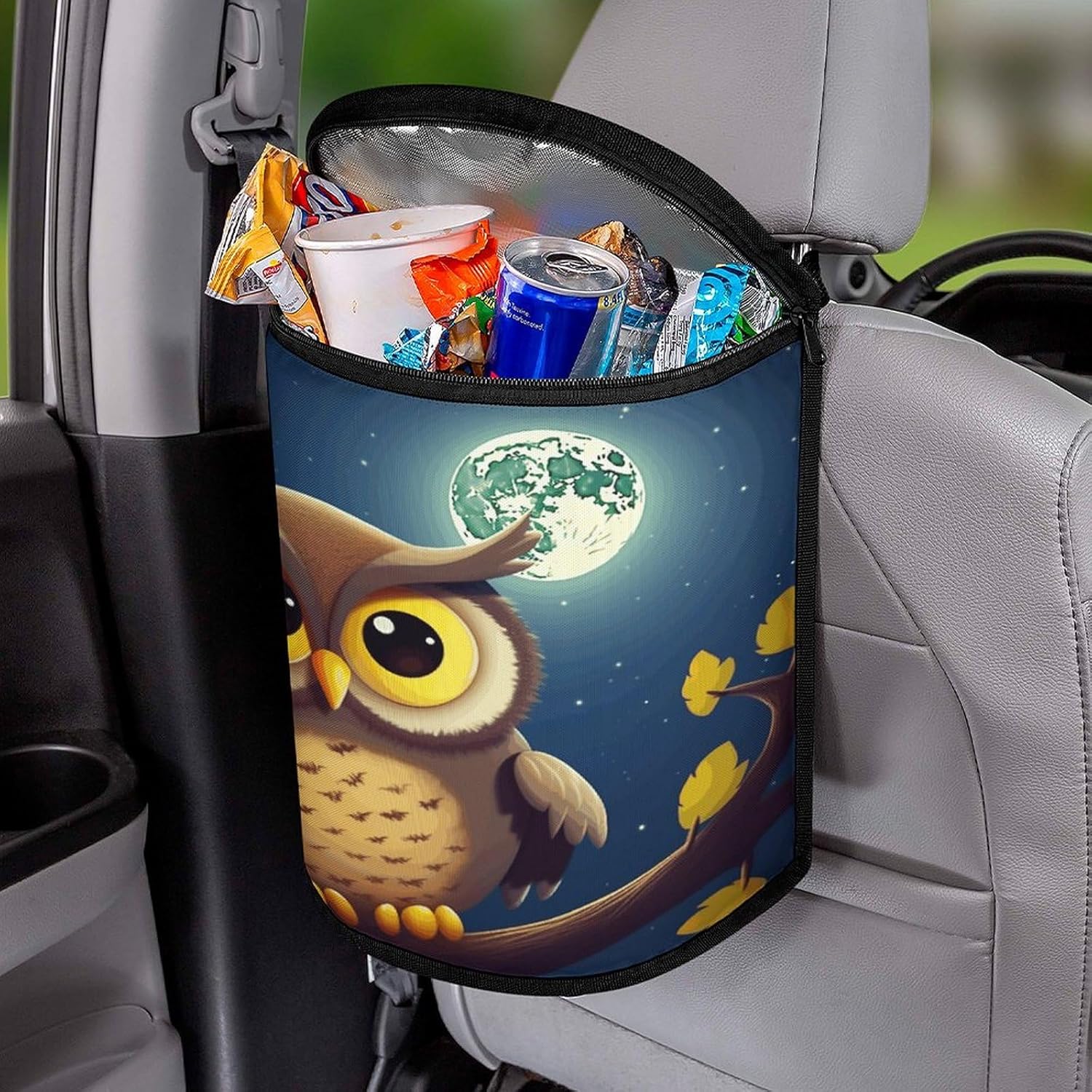 Trash Cans for Cars with Lid,Owl and Yellow Moon Printed Automotive Garbage Cans Waterproof Leakproof Hanging Car Trash Can 2.3 Gallons for Truck, SUV,Car Etc