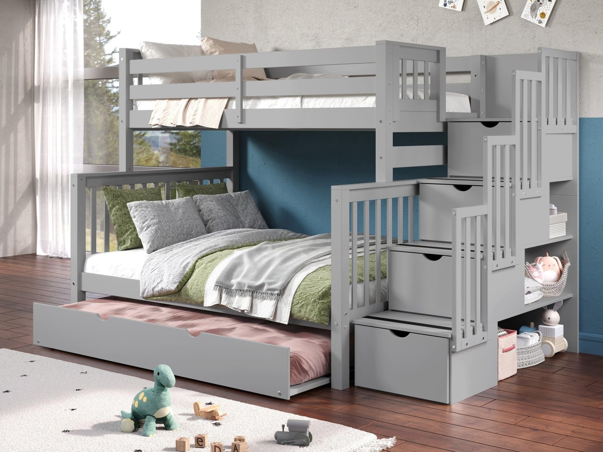 Bedz King Stairway Bunk Beds Twin over Full with 4 Drawers in the Steps and a Full Trundle, Gray