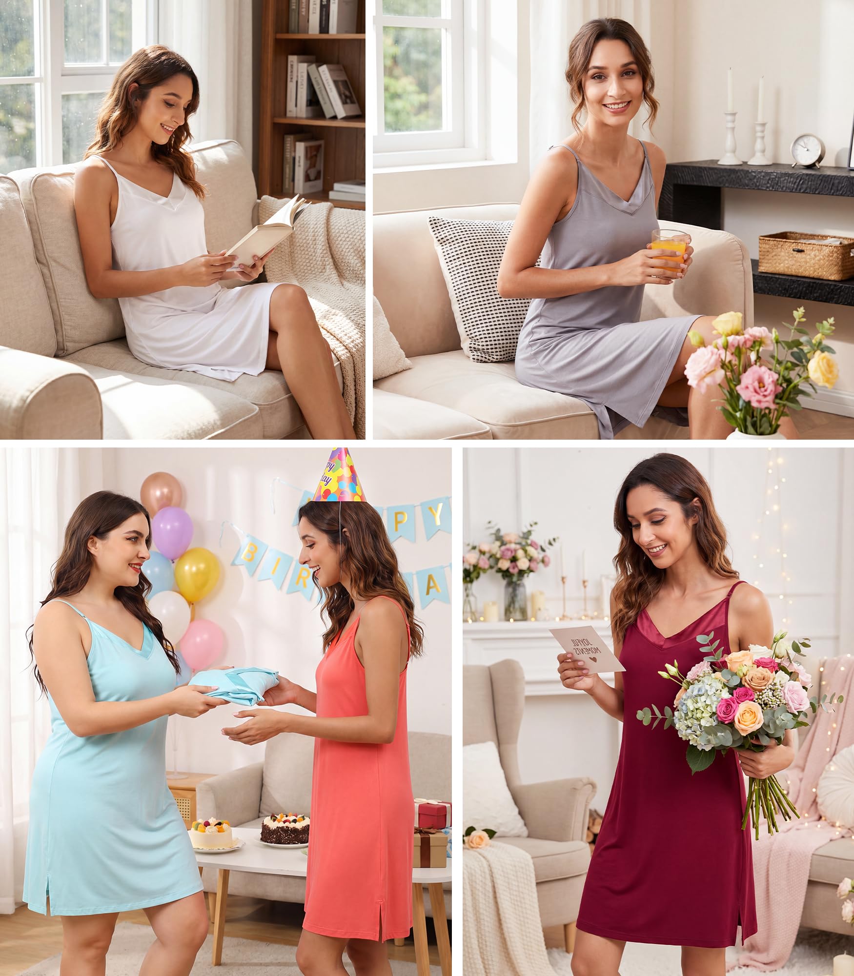 WiWi Damen Bambus-Nachthemd Sexy Camisole Nachtwäsche V-Ausschnitt Nachtwäsche Full Slip für Unterkleid Chemise S-4X