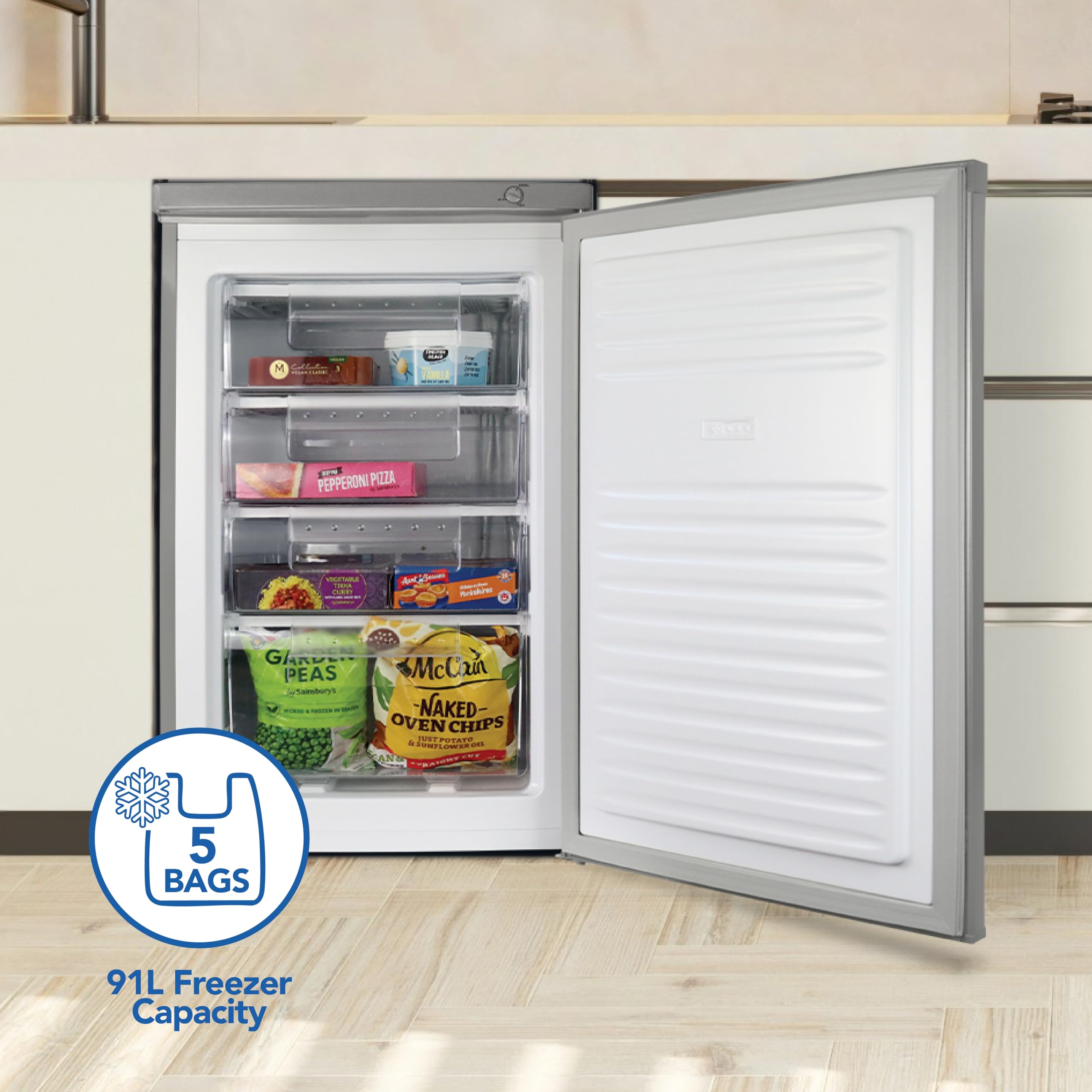Igenix IG355X Freestanding Under Counter Freezer with 4 Large Drawers, Reversible Door, 91 Litre Freezer Capacity, 55 cm Wide, Inox — view 4