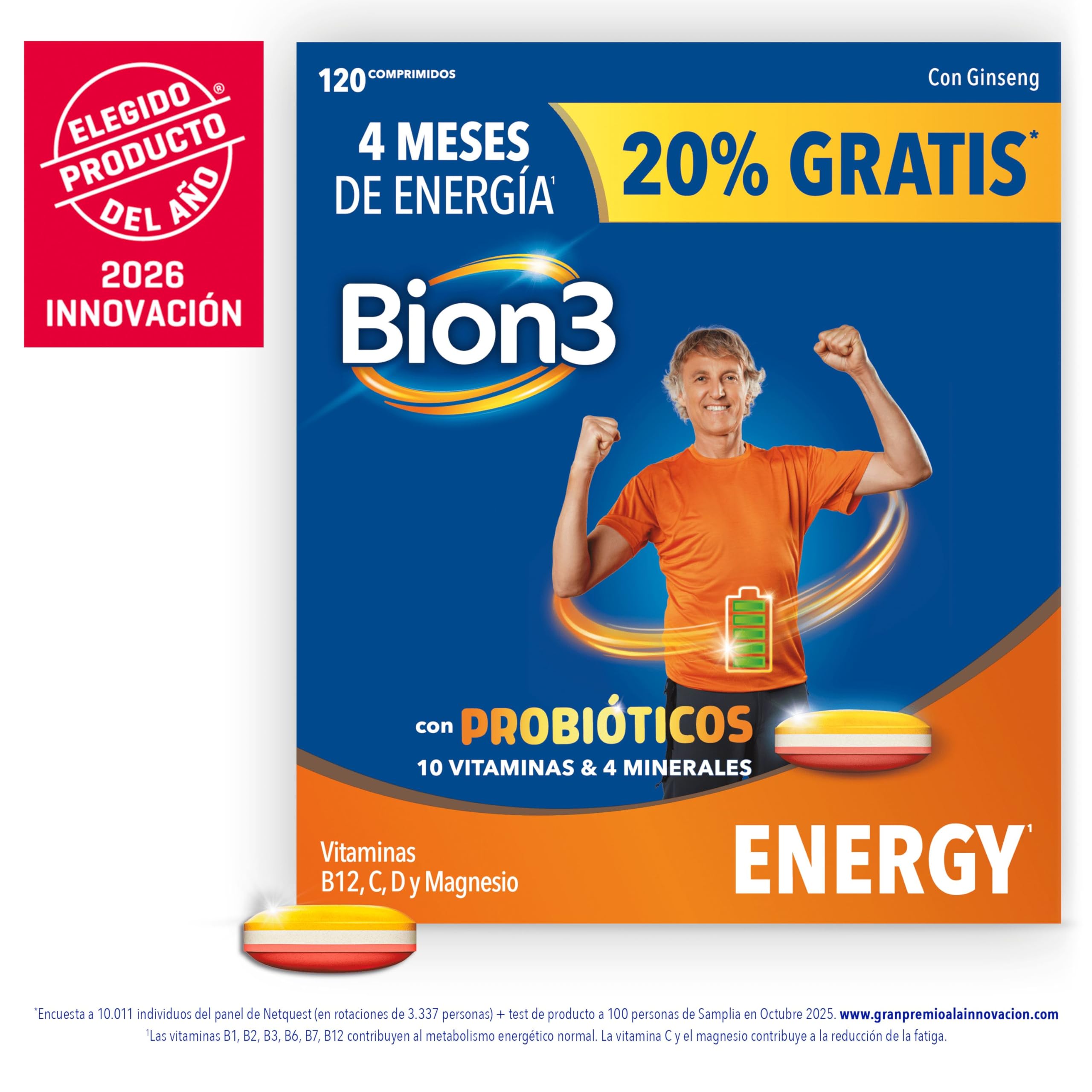 Bion3 Energy Comprimidos Multivitamínicos con Probióticos, Complemento Alimenticio, Reducción de la fatiga¹, Vitamina C, D, Complejo B y Magnesio