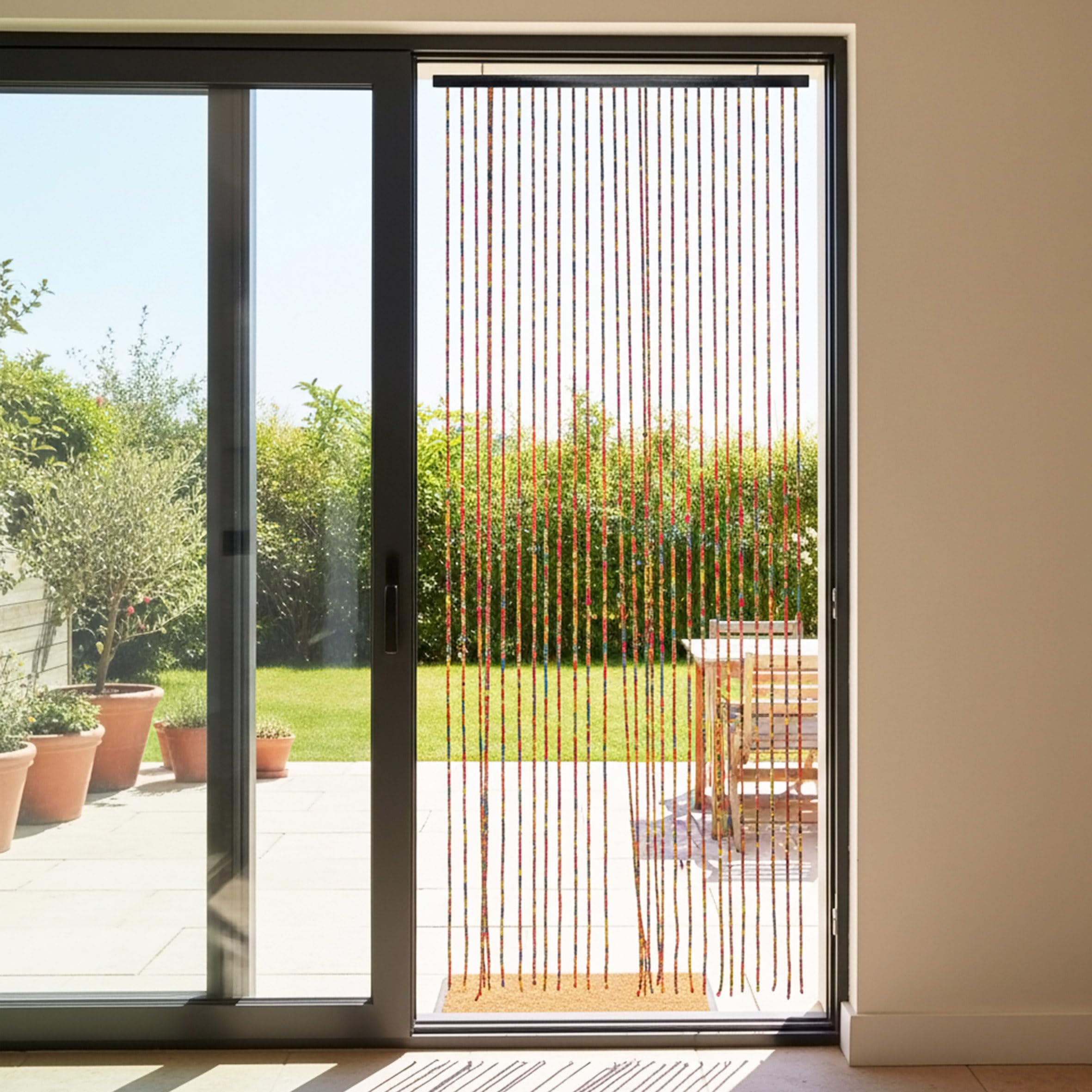 Cortina de cuentas de madera para puerta con 31 hebras, 180 x 90 cm, multicolor, estilo hippie