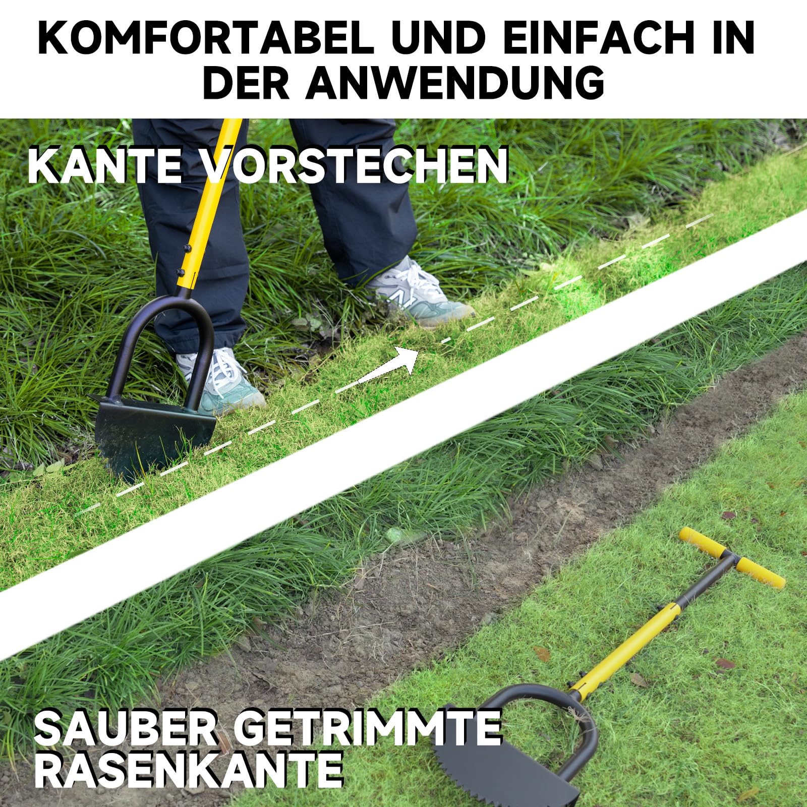 Manueller Rasenkantenstecher mit Verstellbarer Länge von 96–106 cm, Sägezahn-Kantenstecher mit breiter Trittfläche und Klinge aus Manganstahl, Gartenwerkzeug zum Abstechen von Beeten