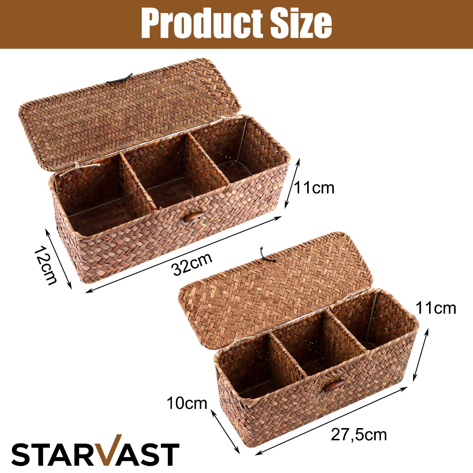 STARVAST Lot de 2 paniers de rangement rectangulaires en jonc de mer avec couvercle tressé naturel avec sections pour organiser les jouets à collation, les tampons