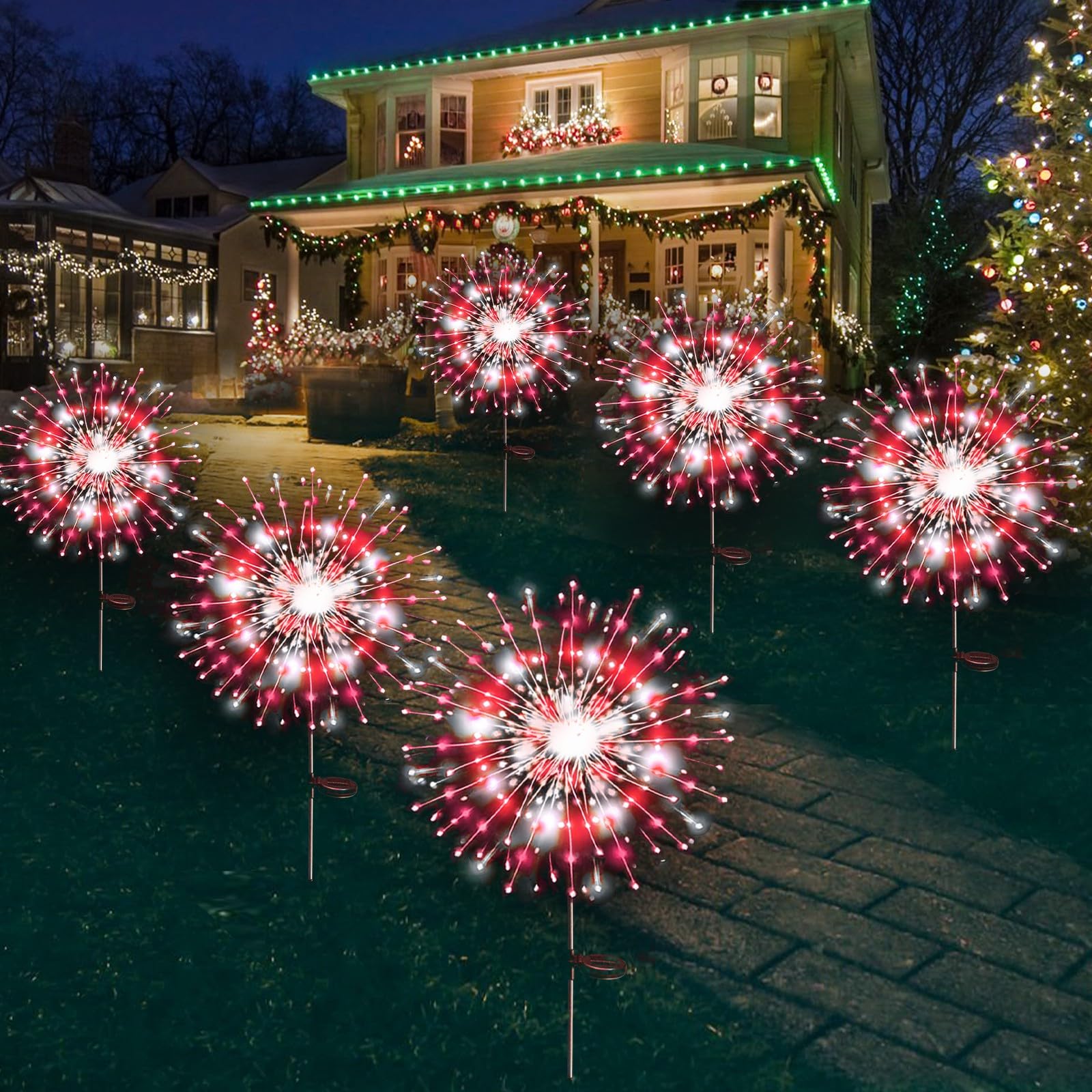 Red and White Christmas Solar Garden Lights, 6 Pack 540 LED Solar Firework Lights Upgraded Solar Christmas Lights Outdoor Waterproof with 2 Lighting Modes for Garden, Christmas Decorations (Red+White)