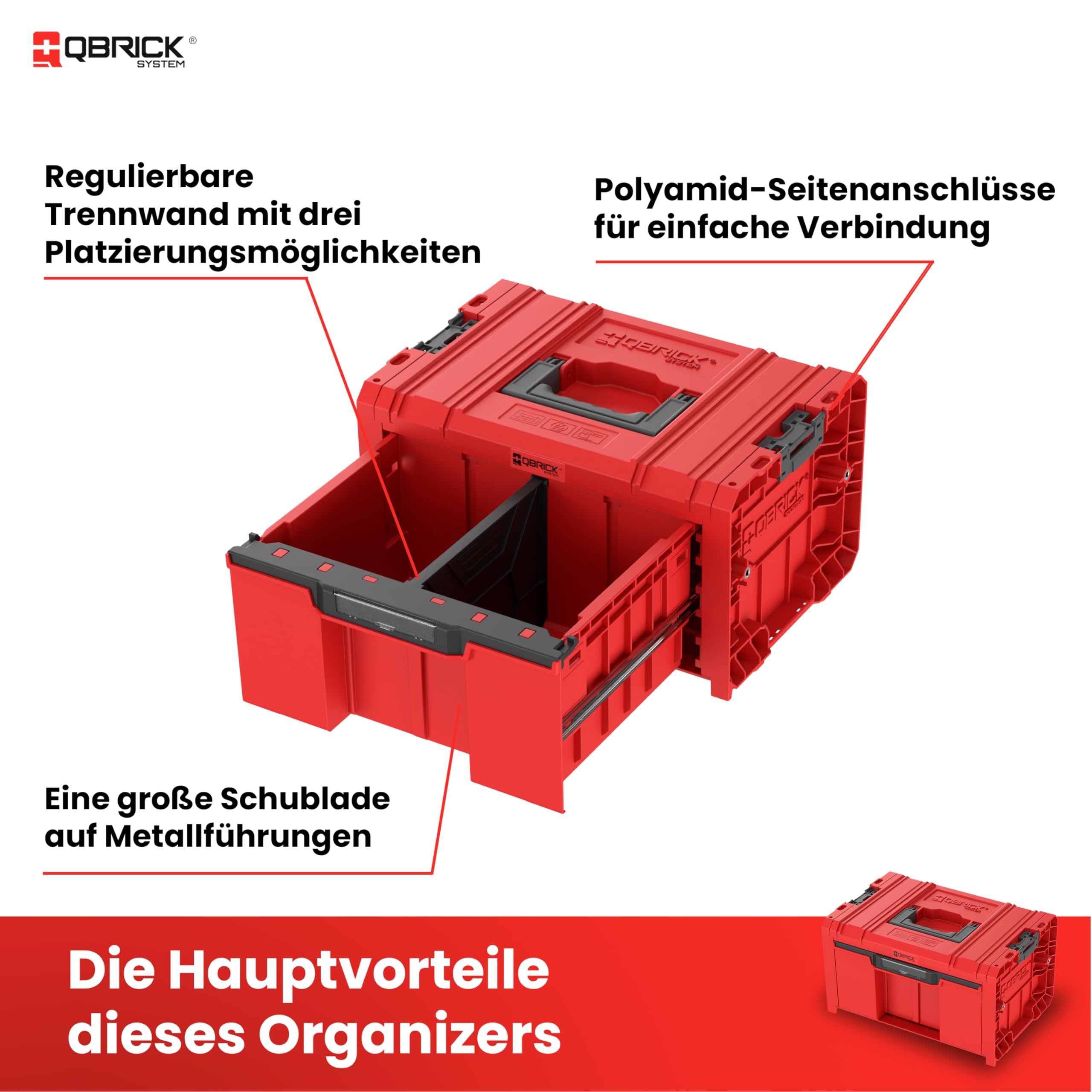 Extra robuste Schublade für schwere Werkzeuge – Der Werkzeugkoffer bietet eine tiefe, voll ausziehbare Schublade auf Metallschienen, ideal für sperrige Elektrowerkzeuge und Handwerkzeuge.