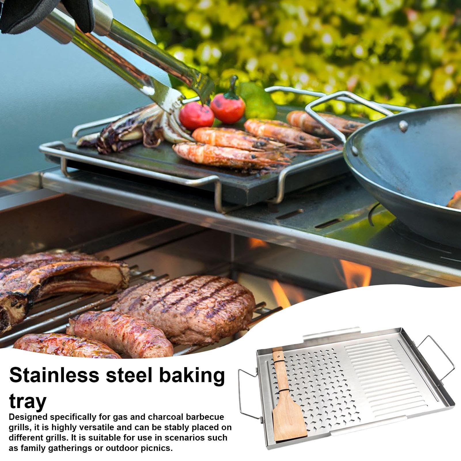 Piastra per griglia piatta in acciaio inox, utensile da cucina resistente, vassoio per utensili da barbecue, distribuzione uniforme del calore, per interni, cucina, campeggio, esterno