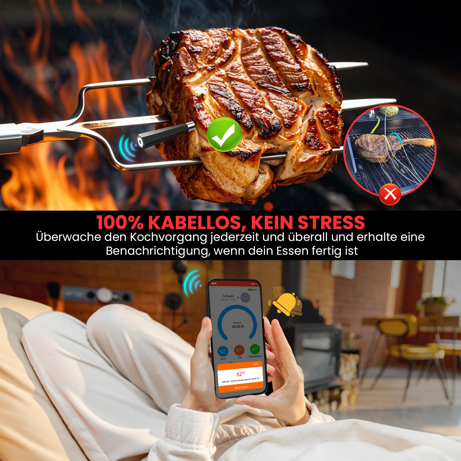 Thermomètre Cuisine Sans Fil Double Capteur avec App 150m Sonde Bluetooth Minuterie Alarme BBQ Grill Fumoir Four Sous Vide