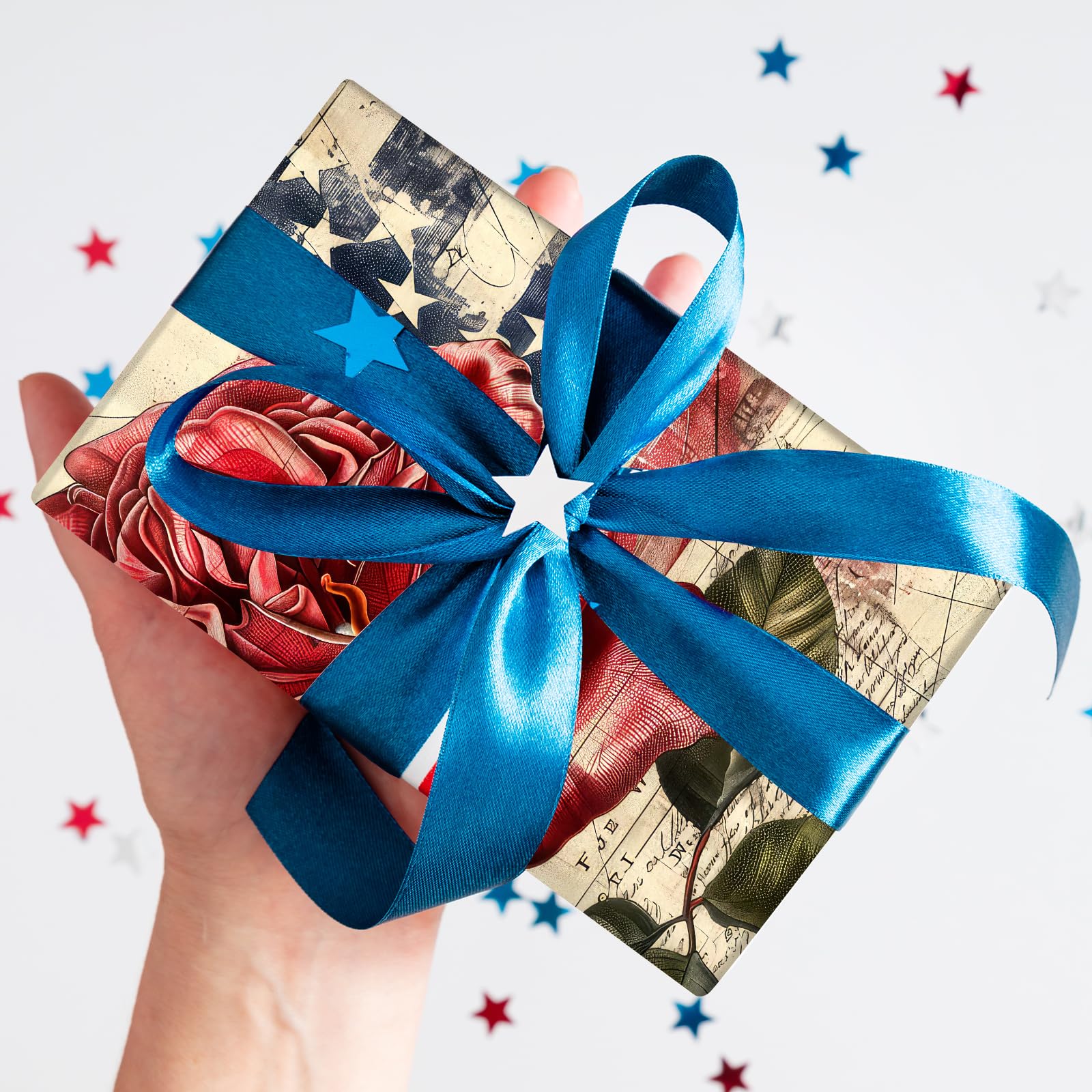 Zestaw 24 arkuszy papieru w stylu retro, patriotyczny, do scrapbookingu, 30 x 30 cm, czerwone i niebieskie gwiazdki, papier rzemieślniczy, składany na płasko, do tworzenia kart, scrapbookingu
