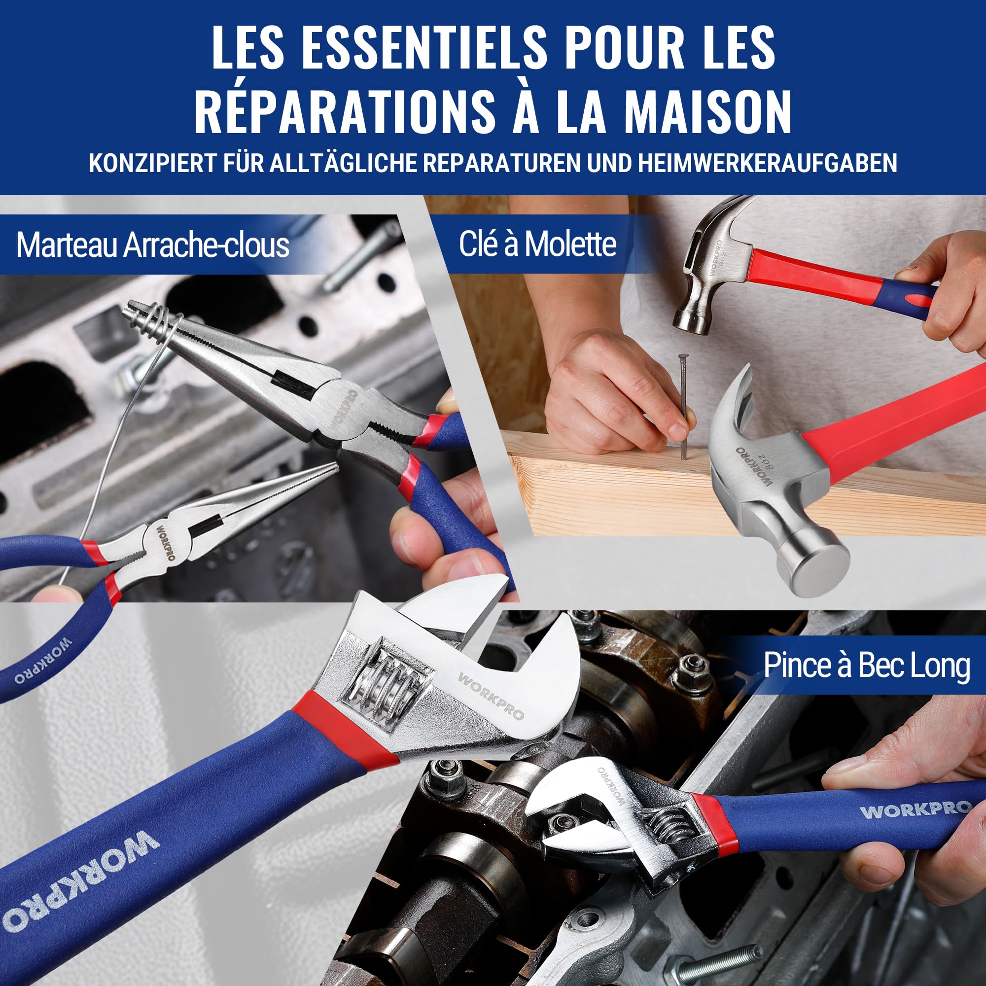 WORKPRO Kit d'Outils avec Sac de Rangement | pour Usage Domestique ou du Travail 100 Pièces en Acier au carbone et Cr-V, Bleu Rouge Noir