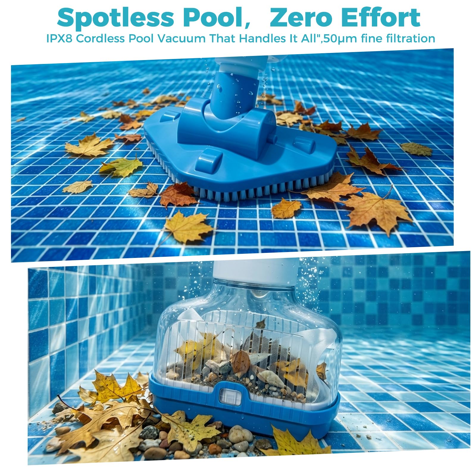 Aspirador de piscina inalámbrico 3 en 1 limpiador eléctrico con batería IPX8 kit con mango telescópico para spa y piscinas fuera del suelo