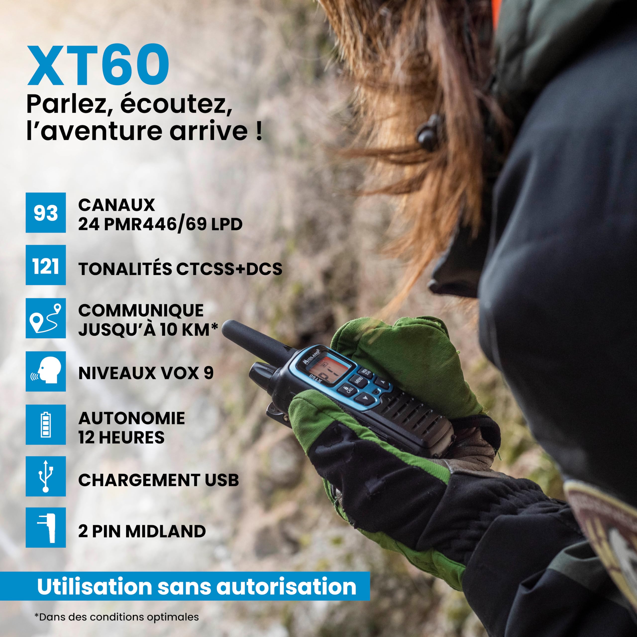Midland- Talkie Walkie Longue Portée 10Km Professionnel XT60, Radio Récepteur Émetteur DualBand 93 Canaux, 69 Canaux LPD/24 PMR446 non Licence, 38 CTCSS/83 DCS Charge Rapide Autonomie 12H, Accessoires