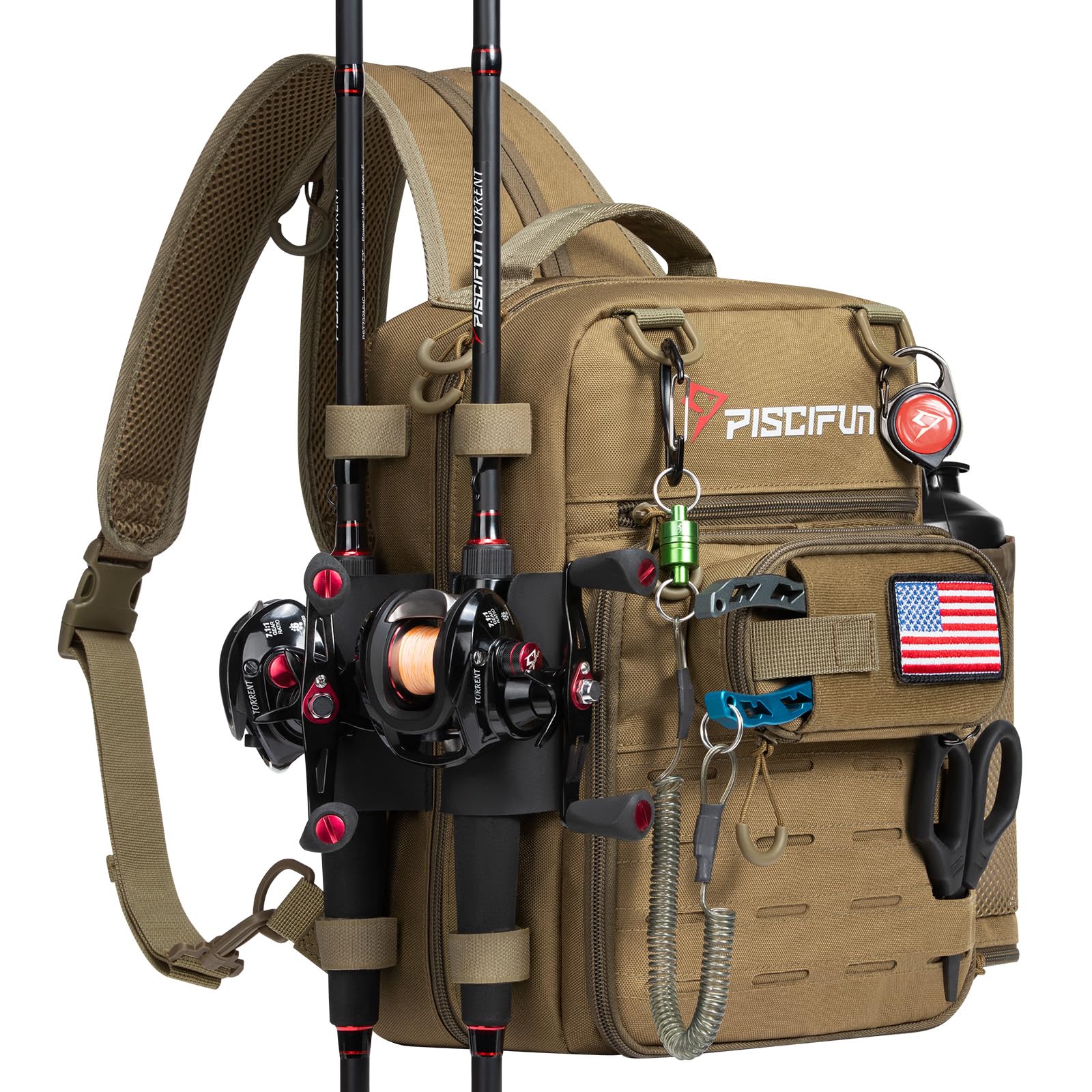 Piscifun Fishing Tackle Backpack, Convertible Sling or Waist Pack, 16-Pocket Storage Gear Bag with 2 Rod Holders & Rain Cover
