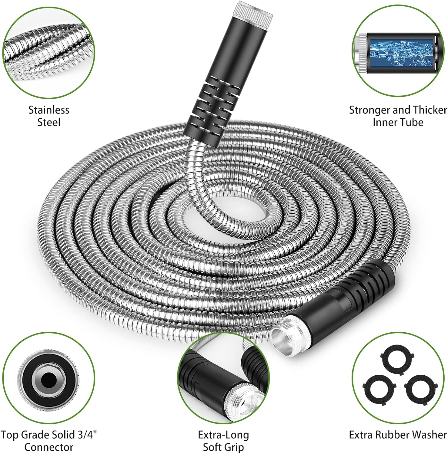 50ft+100ft Metal Garden Hose, Stainless Steel Heavy Duty Water Hose with 10 Function Nozzle Flexible, Lightweight, Kink Free & Tangle Free, Pet Proof, Puncture Proof Hose for Yard, Outdoor