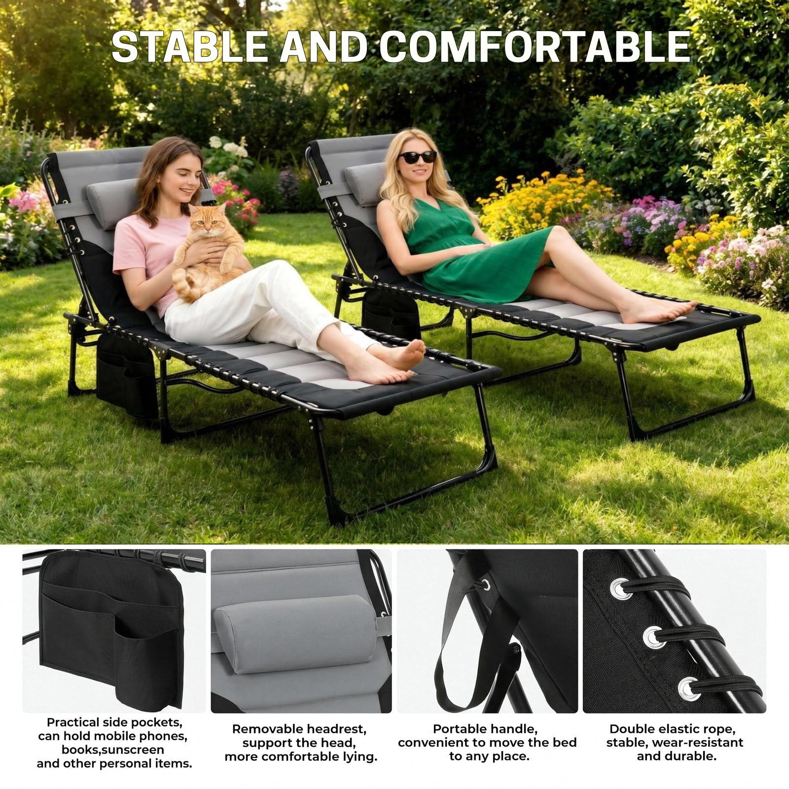 LIFERUN XXL Sonnenliege klappbar 2er Set, 199×66×35 cm Liegestuhl mit 5-Fach Verstellbarer Rückenlehne, extra Große Gartenliege bis 150 kg, Dreibeinliege, Strandliege, Campingliege, Liege für Outdoor