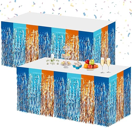 Miniatura 13 de Morcheiong Paquete de 2 Faldas de Mesa de Flecos de Oropel Arcoíris Desechables de 29.5x108 Pulgadas Banner de Falda de Mesa para Mesas Color del