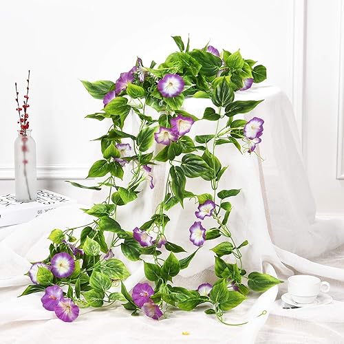 Miniatura 5 de Dolicer Vid de flores artificiales de gloria matutina, 2 unidades de 15 pies de gloria matutina colgantes, guirnalda de seda, guirnalda de