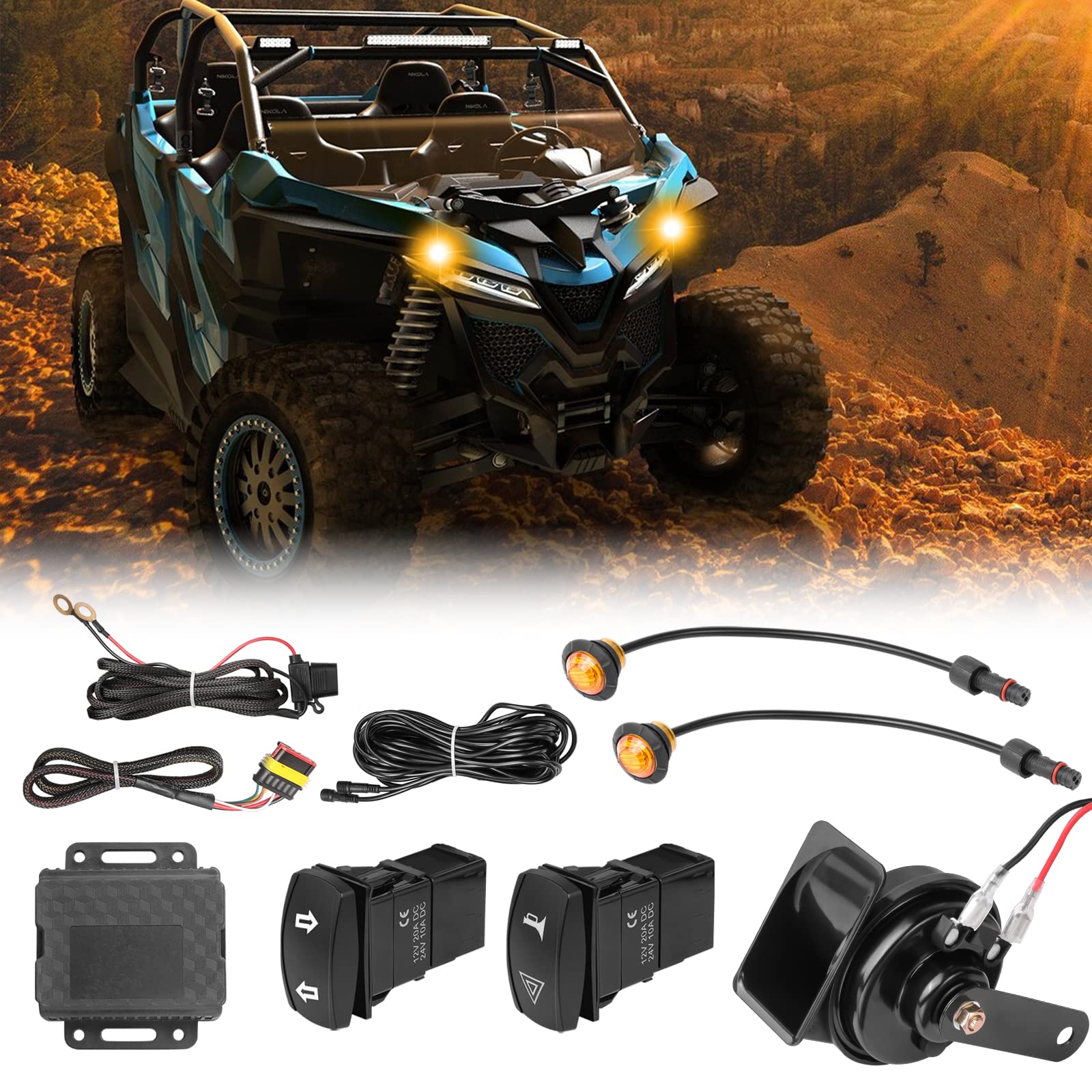 OFFROADTOWN UTV Turn Signal Kit, Universal Street Legal Kit With Toggle Switch and Horn Kit Amber LED Emergency Light for UTV Pioneer RZR Can-Am Polaris Kawasaki